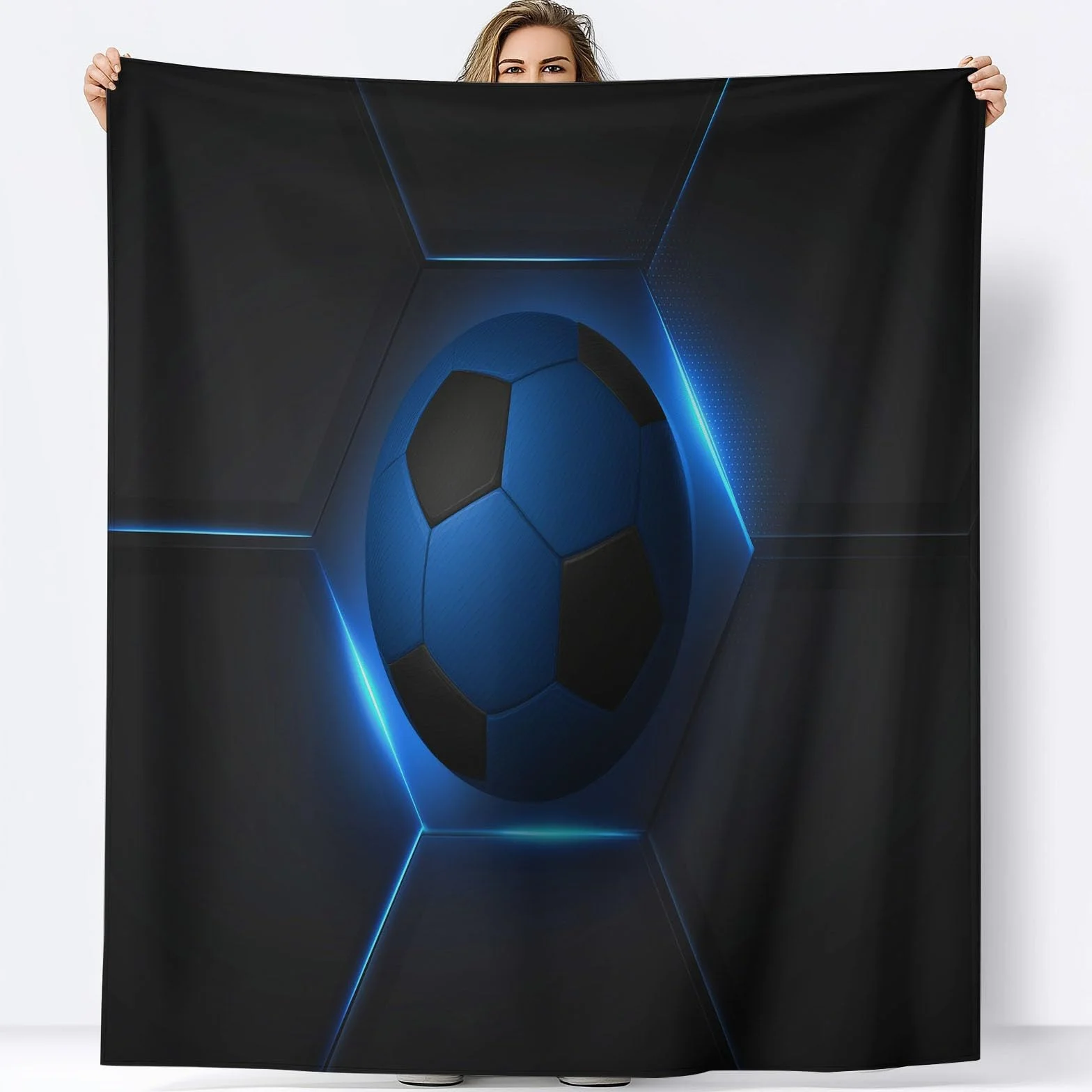 Puszysty futuryzm, flanelowy koc na sofę, łóżko, krzesło, miękki, sportowy, niebieski, piłka nożna, sześciokątna pościel, 220 x 240 cm, dekoracyjny, ultramiękki koc na łóżko dla dzieci, nastolatków