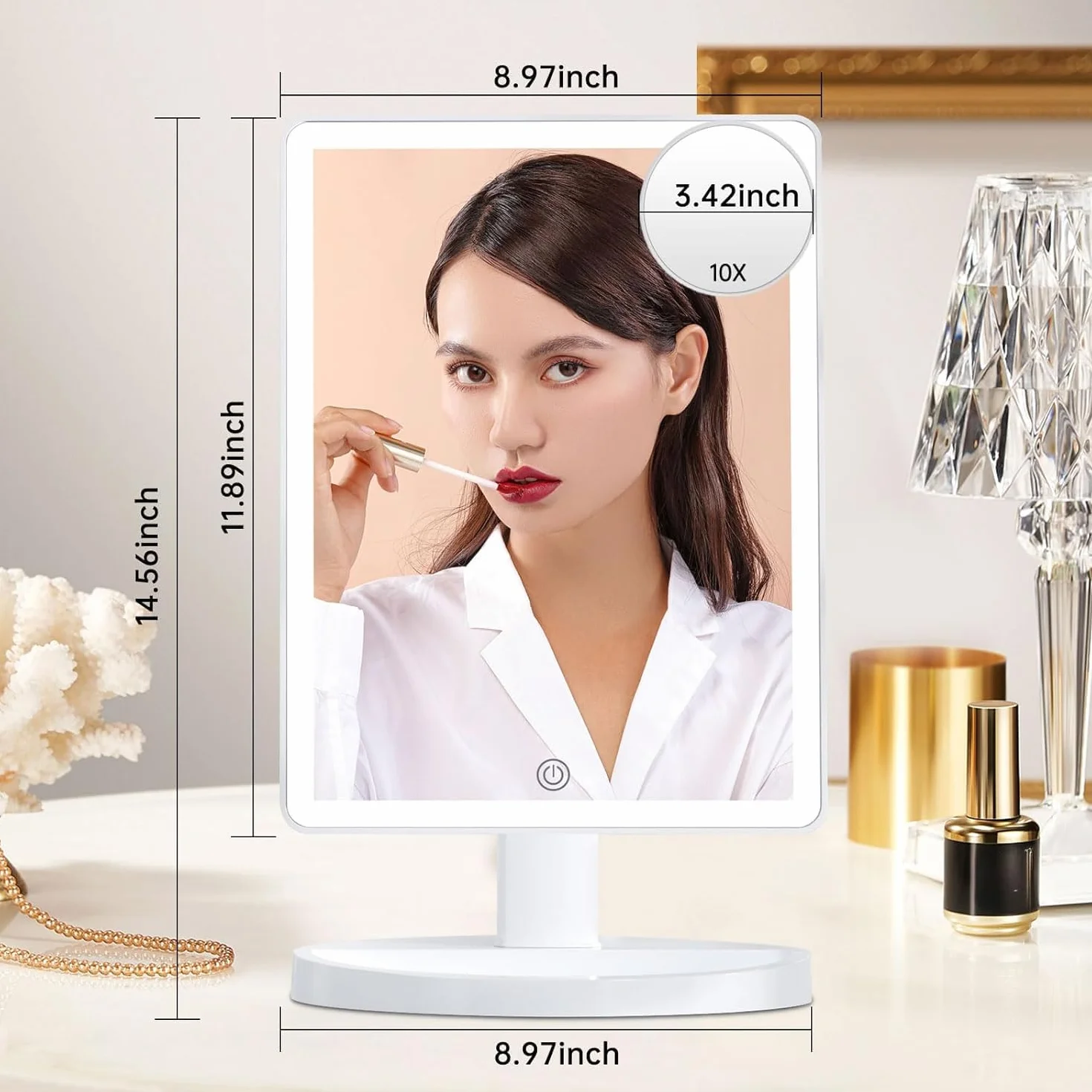 FUNTOUCH Duże podświetlane lustro kosmetyczne do makijażu ze światłem (model X-Large) – 3-kolorowe oświetlenie z 88 diodami LED, obrót 360°, sterowanie dotykowe, powiększenie 10x, przenośne stołowe