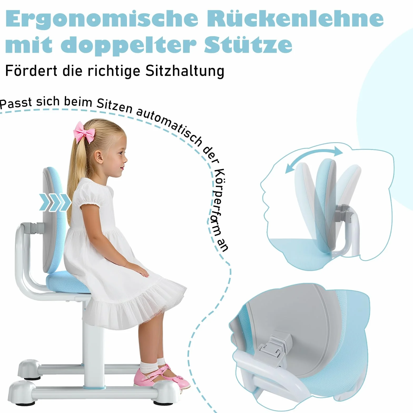 COSTWAY krzesło biurowe dla dzieci, wysokość siedziska regulowana 35-43 cm, krzesło biurowe dla dzieci z podwójnym oparciem, krzesło biurowe bez podłokietników i kółek, krzesło dla dzieci dla chłopców