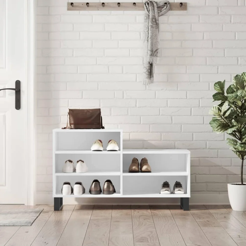 Szafka na buty, biała, 102 x 36 x 60 cm, wykonana z materiału drewnopochodnego, z 5 półkami i metalowymi nogami, przechowywanie butów bez kurzu, wytrzymała górna płyta do dekoracji