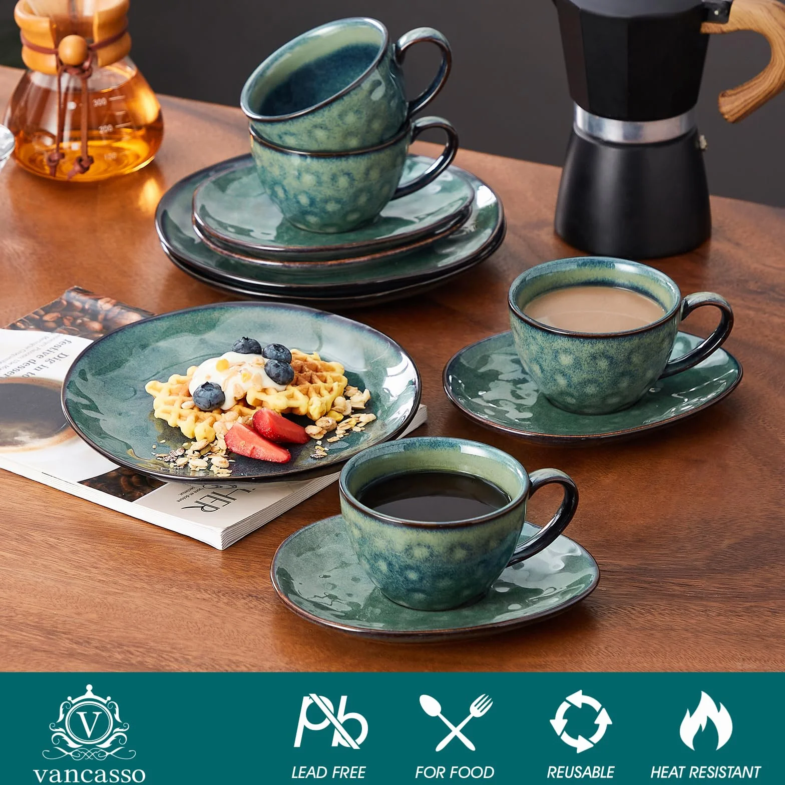 vancasso Gwiaździsty zestaw filiżanek i spodków z talerzami deserowymi 21,5 cm, ceramiczny zestaw do popołudniowej herbaty dla 4 osób, filiżanka do kawy 270 ml do espresso, cappuccino i wszelkiego