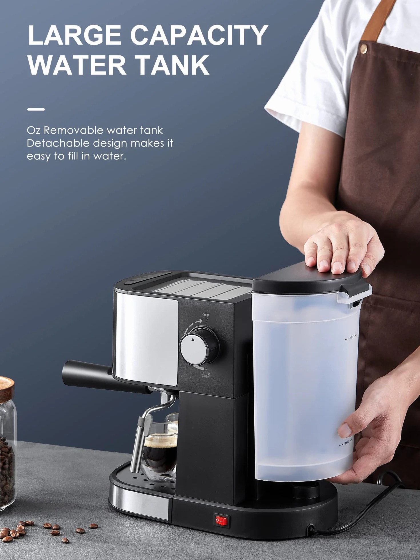 VINATO Ekspres do espresso, 15 bar, ekspres do espresso i cappuccino z funkcją szybkiego nagrzewania, ekspres do kawy z funkcją spieniania mleka i prętem parowym, podwójny uchwyt filtra wylotowego i 2