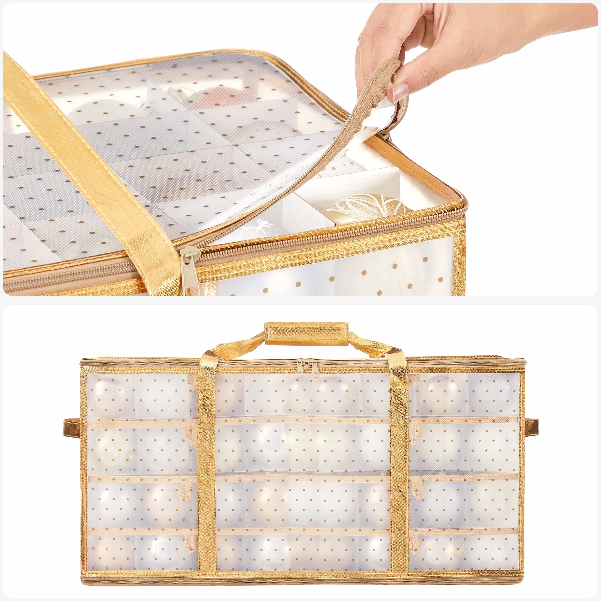 SONGMICS Pudełko do przechowywania 128 przegródek regulowane 67x34x34 cm półprzezroczyste złote RFB029A01