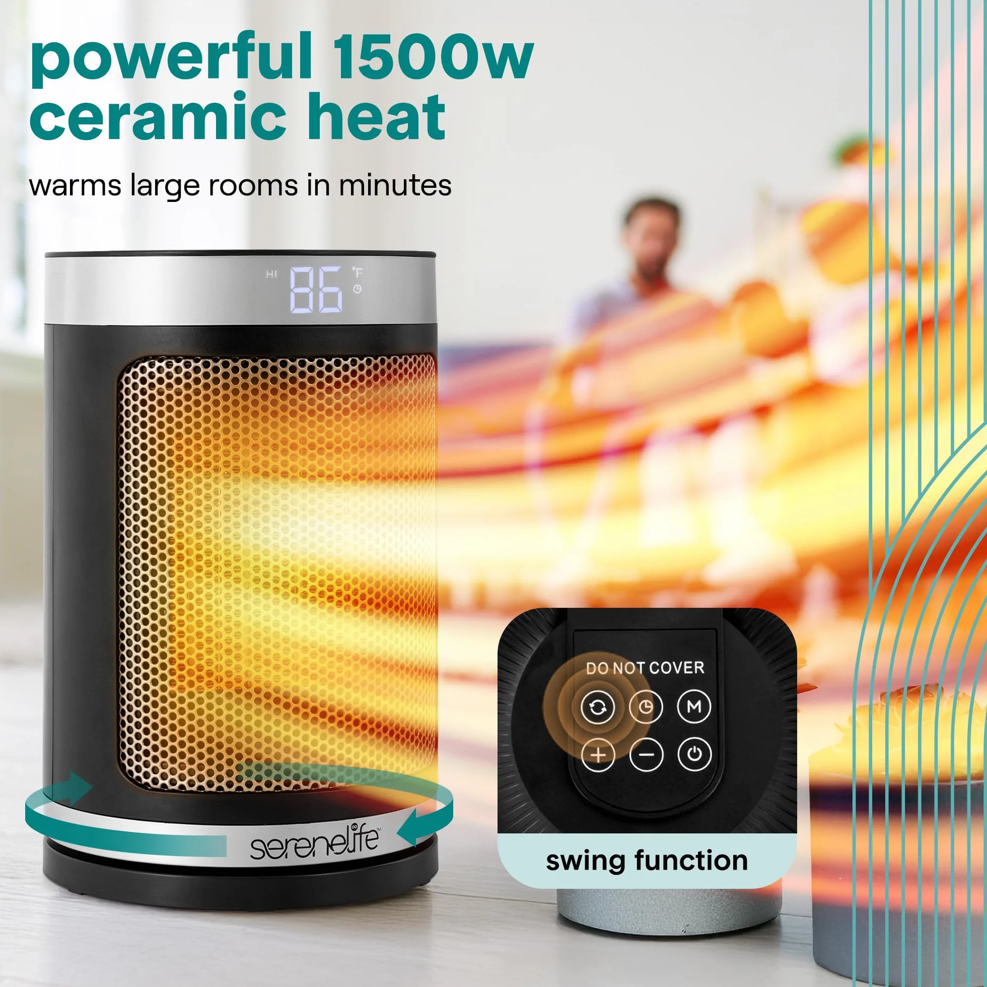 SereneLife Inteligentny Grzejnik Przenośny, 1500W Elektryczny Grzejnik do Użytku Wewnętrznego z Termostatem, Aplikacja Wi-Fi, Pilotem, Timerem 12-godzinnym i Bezpieczeństwem Przewrócenia