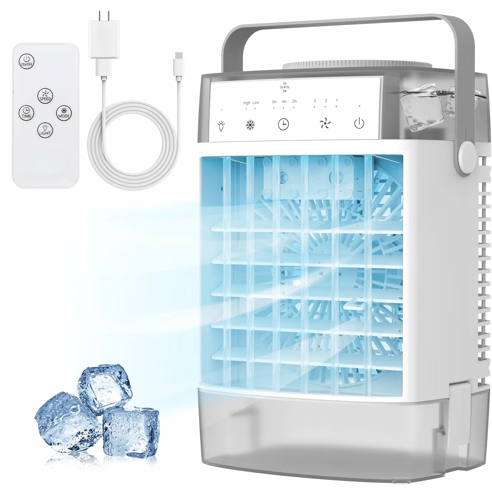 Przenośny klimatyzator, klimatyzator 3 w 1, osobisty mini klimatyzator ze zbiornikiem wody 1000 ml, timer 2/4/6h, mały wentylator chłodzący ładowany przez USB (adapter 5 V 2 A) do