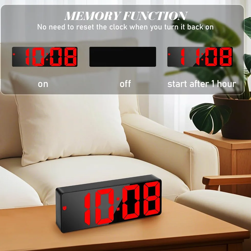 Flintronic Cyfrowy budzik, zegar LED z dużym wyświetlaczem, budzik nocny, zegar zasilany baterią, budziki z drzemką, temperatura, data, jasność regulowana dla domu, biura