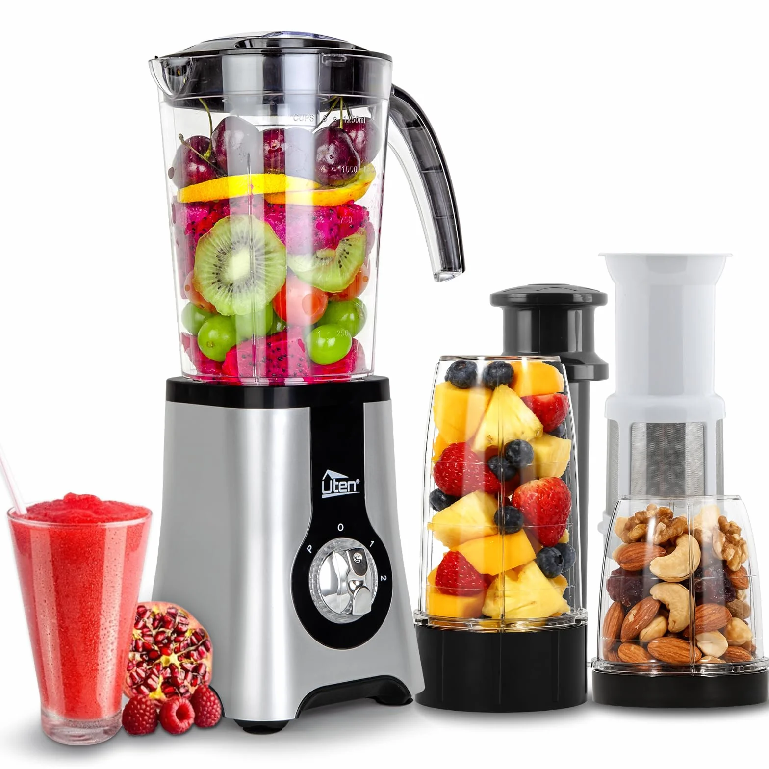 Blender Smoothie 1,25 l, 380 W, mini blender kuchenny, blender 5 w 1 do koktajli mlecznych, soków owocowych i warzywnych, przenośny blender do uprawiania sportu, podróży i domu