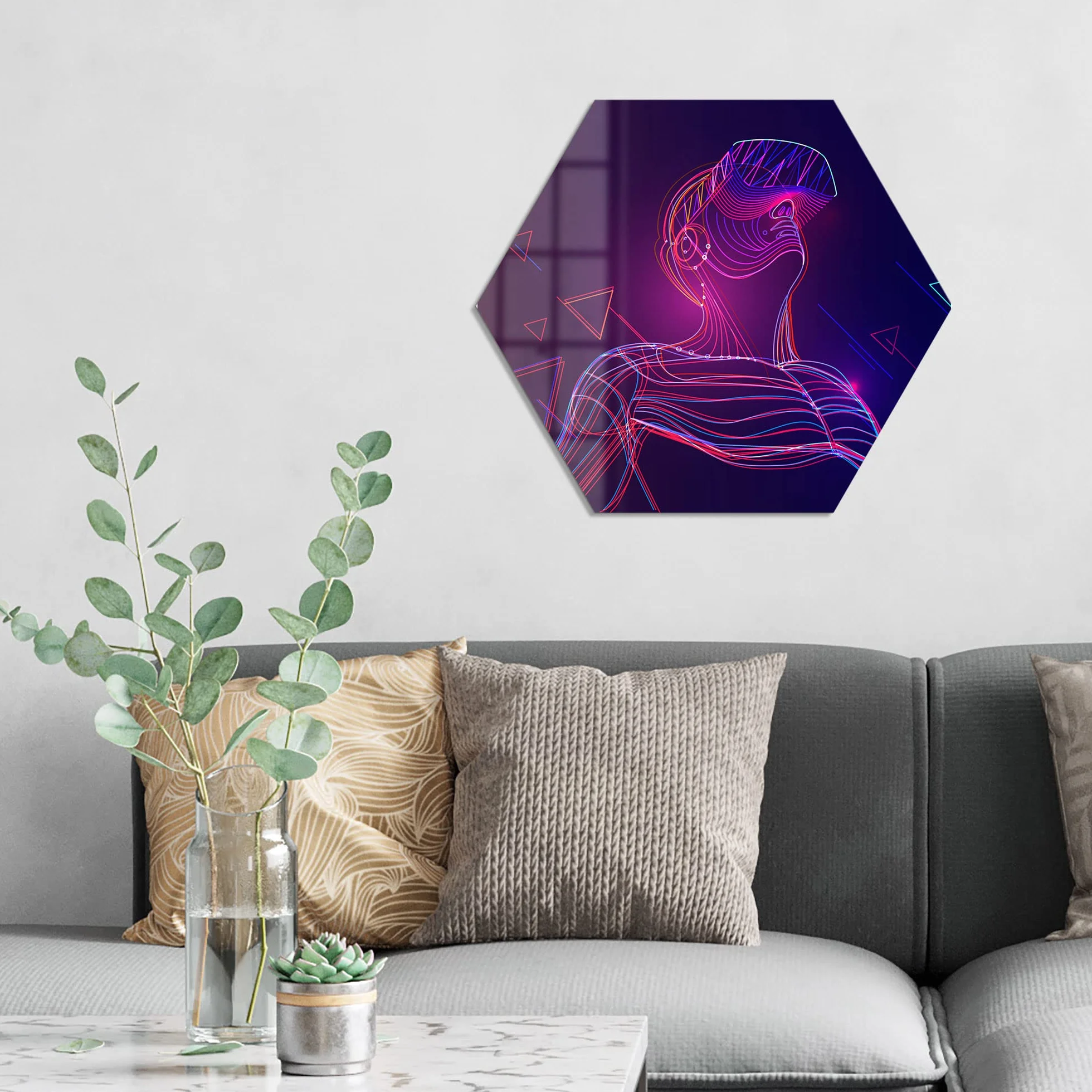 DEQORI Obraz na szkle z prawdziwego szkła | motyw "Człowiek z okularami VR" | sześciokątny, jednoczęściowy 55 x 47,6 cm | piękna dekoracja | obraz ścienny do salonu, sypialni, korytarza i kuchni | nowoczesna dekoracja ścienna