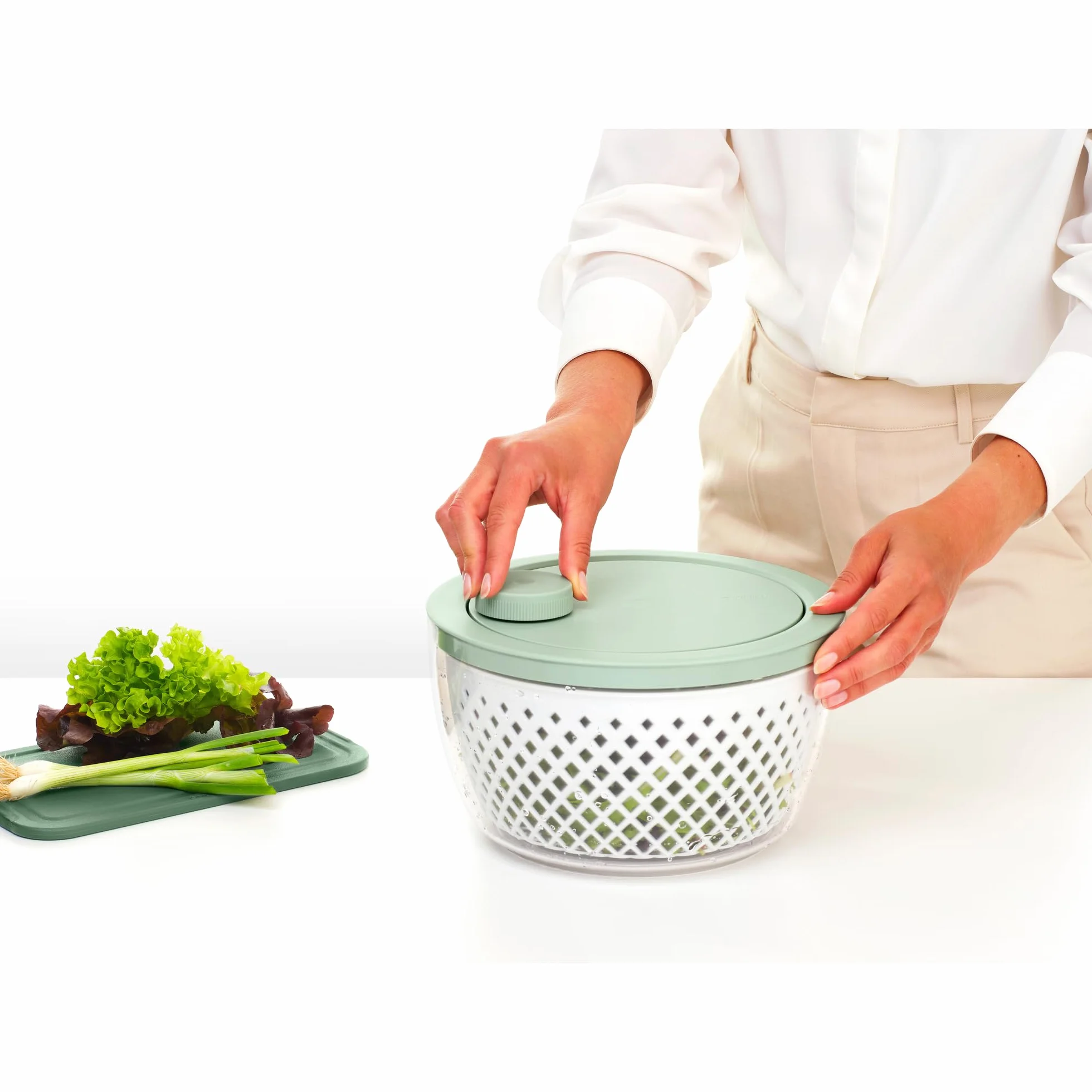 Wirówka do sałaty z miską do serwowania i durszlakiem Brabantia TASTY+ | Suszarka do chrupiących warzyw i owoców z antypoślizgiem | Wytrzymały plastik nadający się do recyklingu | Jade Green