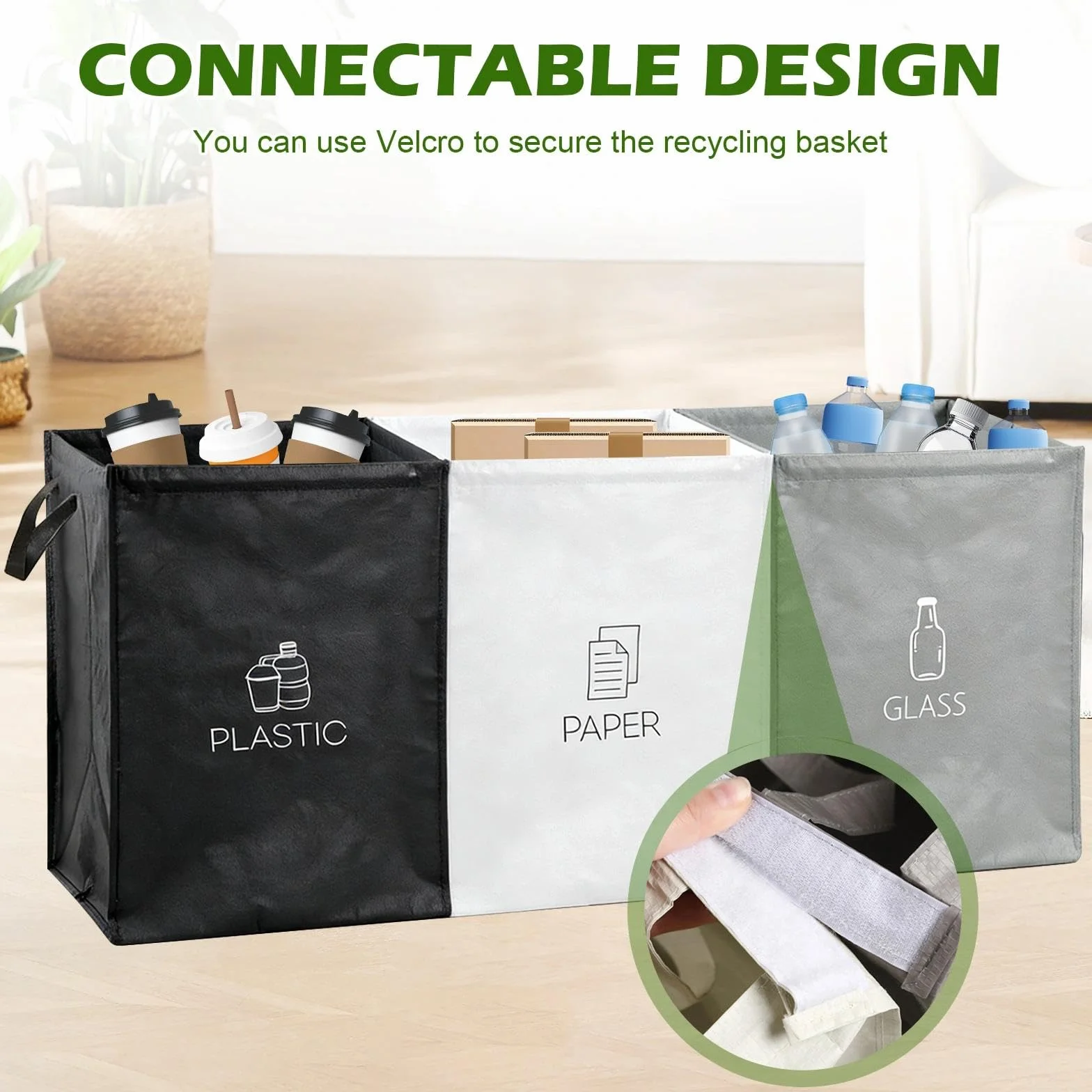 Wvu & Wvo System segregacji śmieci 3-częściowy – zestaw 3 systemów segregacji śmieci na plastik, papier i szkło – pojemniki do recyklingu i zbierania starego papieru z uchwytem, rozwiązanie do