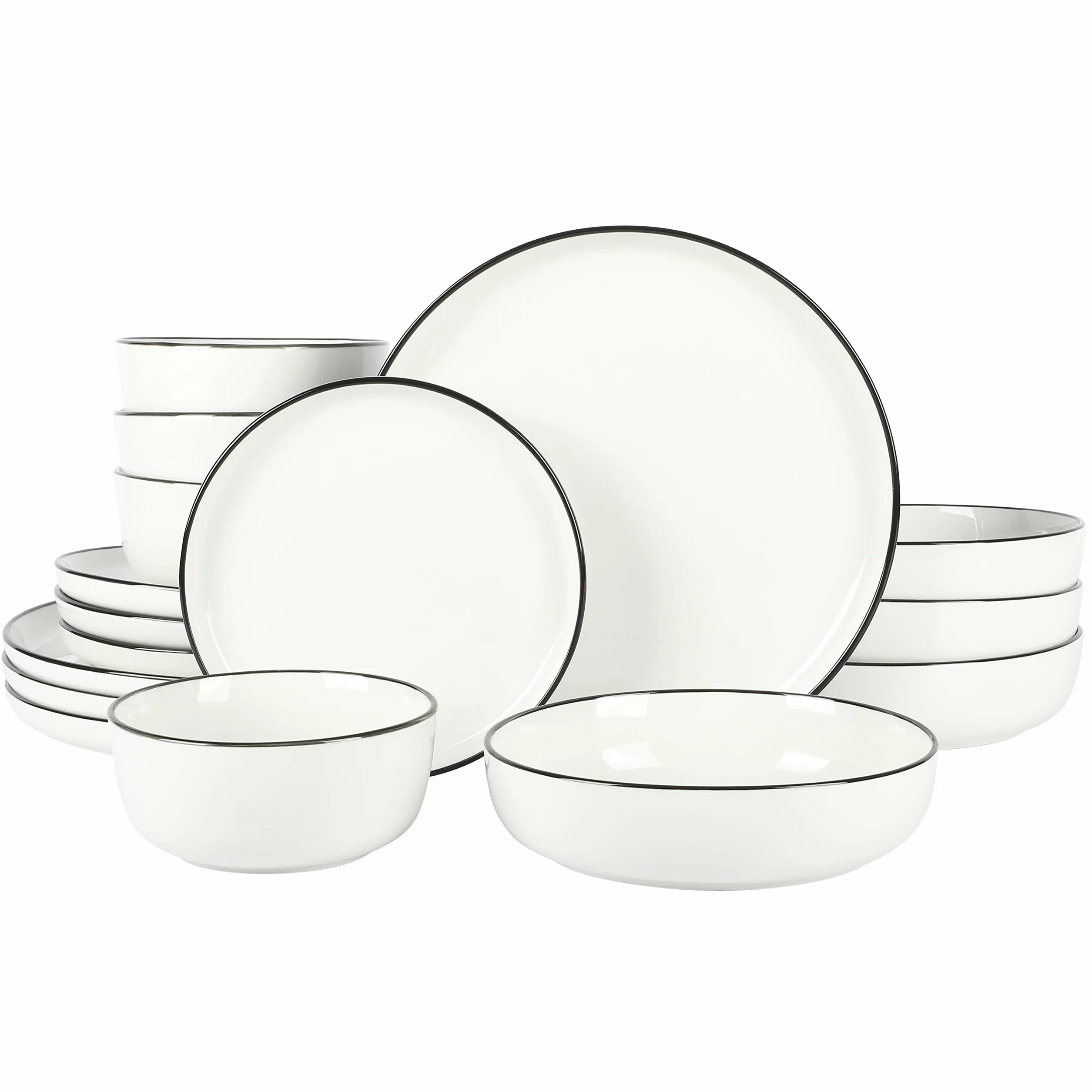 Gibson Home Oslo 16-częściowy porcelanowy zestaw zastawy stołowej, biały z czarną krawędzią