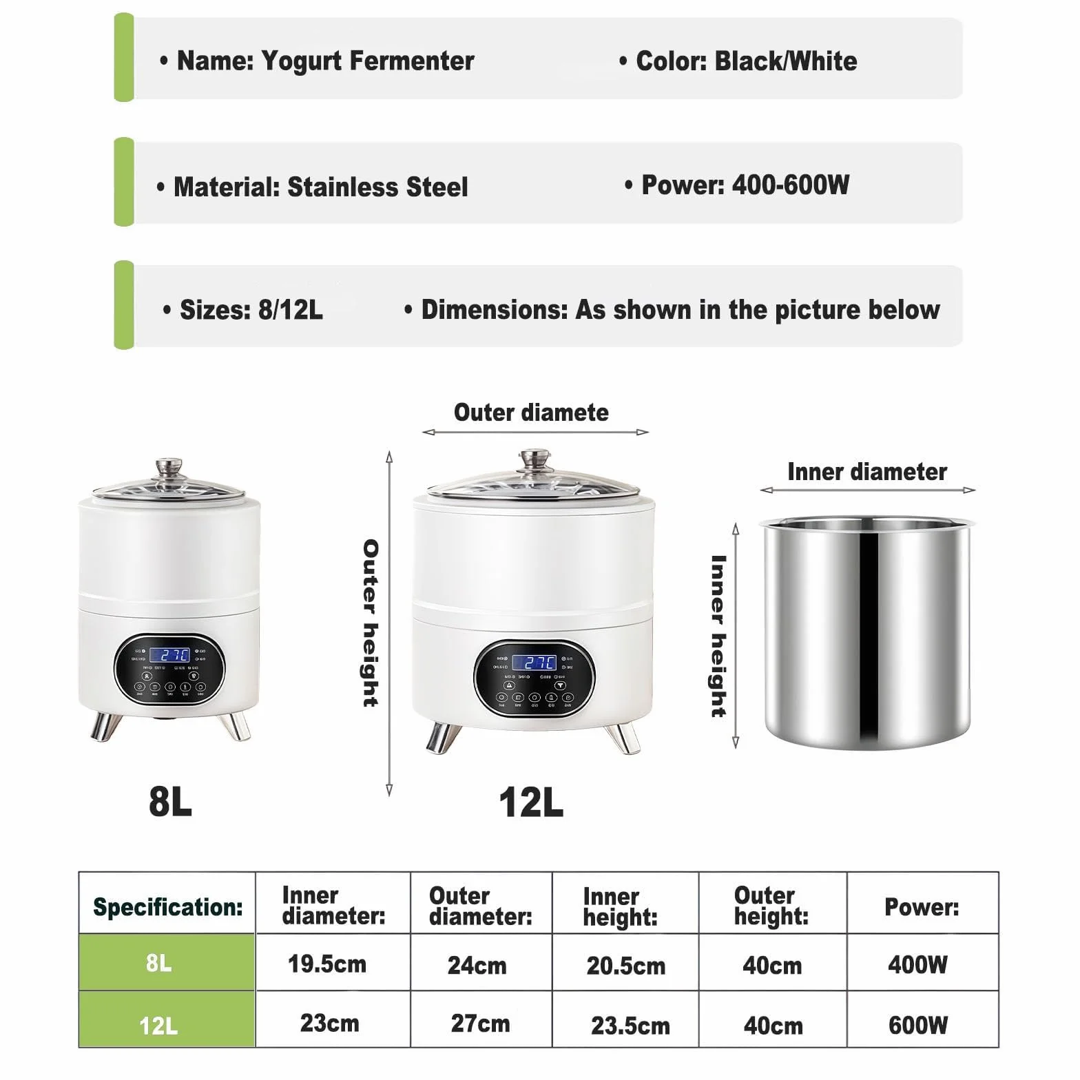 8L/12L Electric Jogurt Machine, Jogurt z cyfrowym wyświetlaczem, precyzyjna kontrola czasu i temperatury, ogrzewanie 360° do fermentacji jogurtu, Natto (biały, 12L)