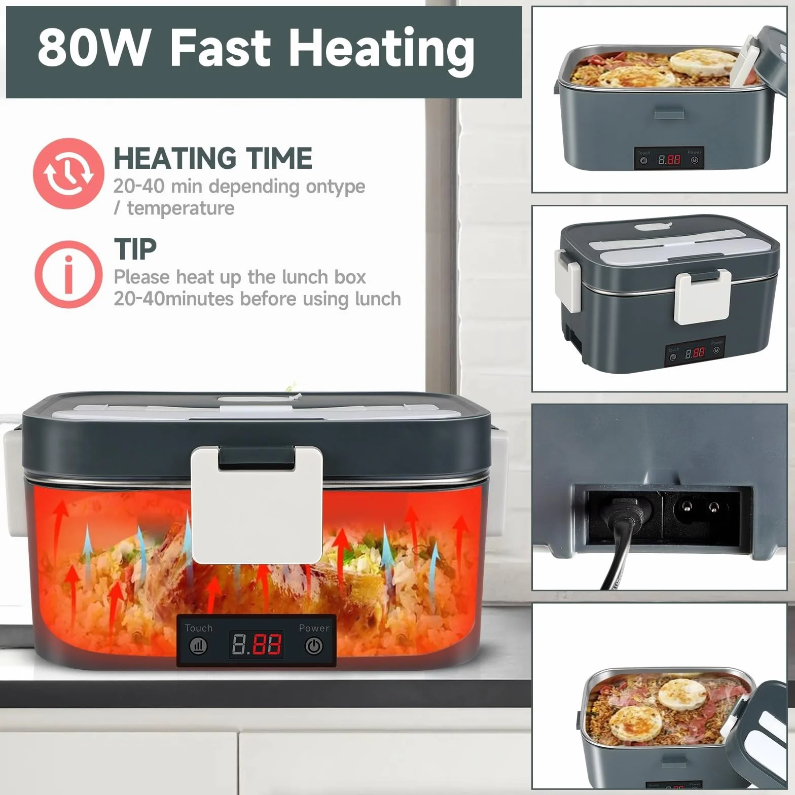 Elektryczny pojemnik na lunch dla dorosłych, przenośny, elektryczny pojemnik na lunch, wyposażony w izolowaną torbę i sztućce, idealny do pracy, szkoły i podróży (szary + zielony)