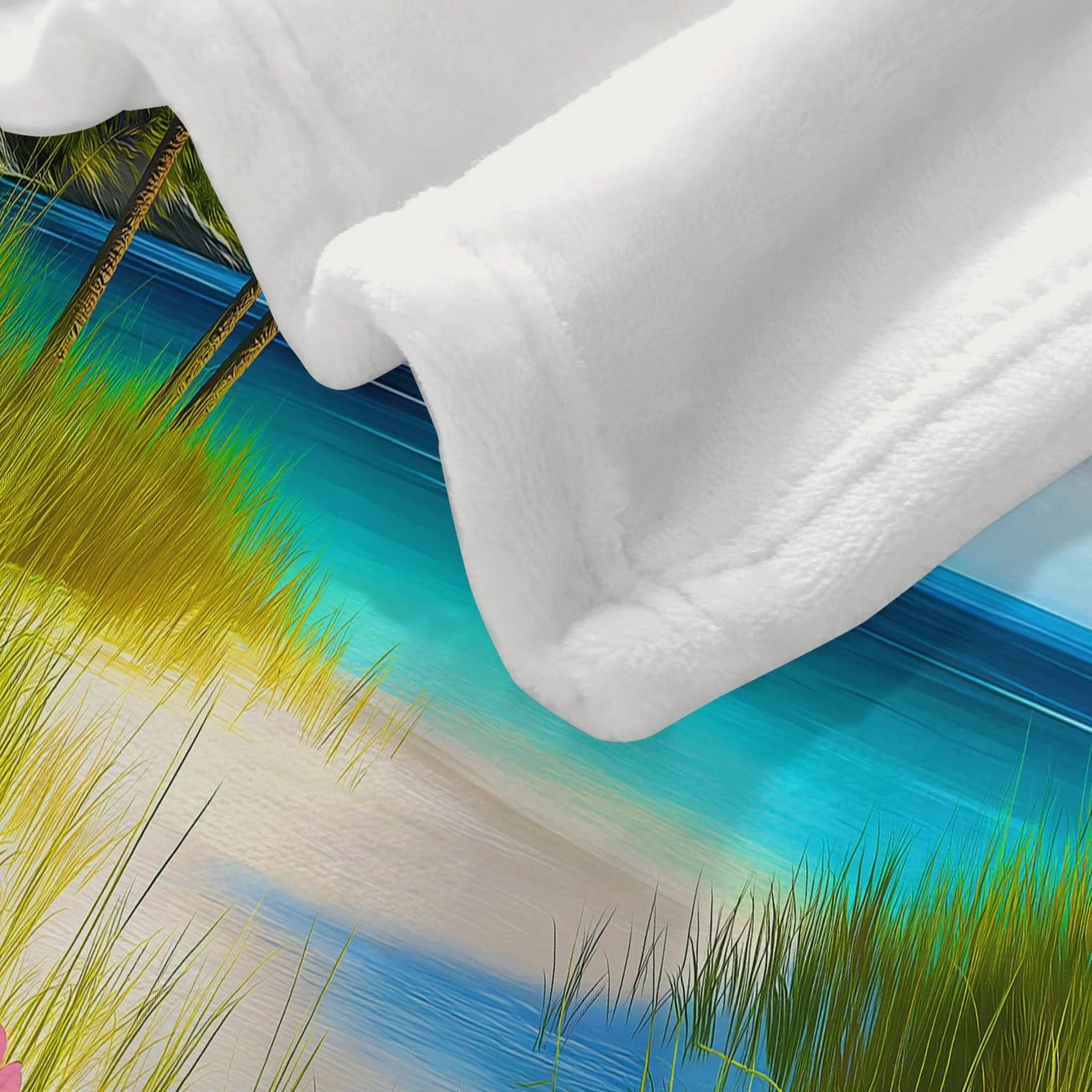 Koc flanelowy 220 x 240 cm, tropikalna plaża, palmy, narzuta na kanapę, do łóżka i łóżka, miękka i ciepła flanela, niebieski