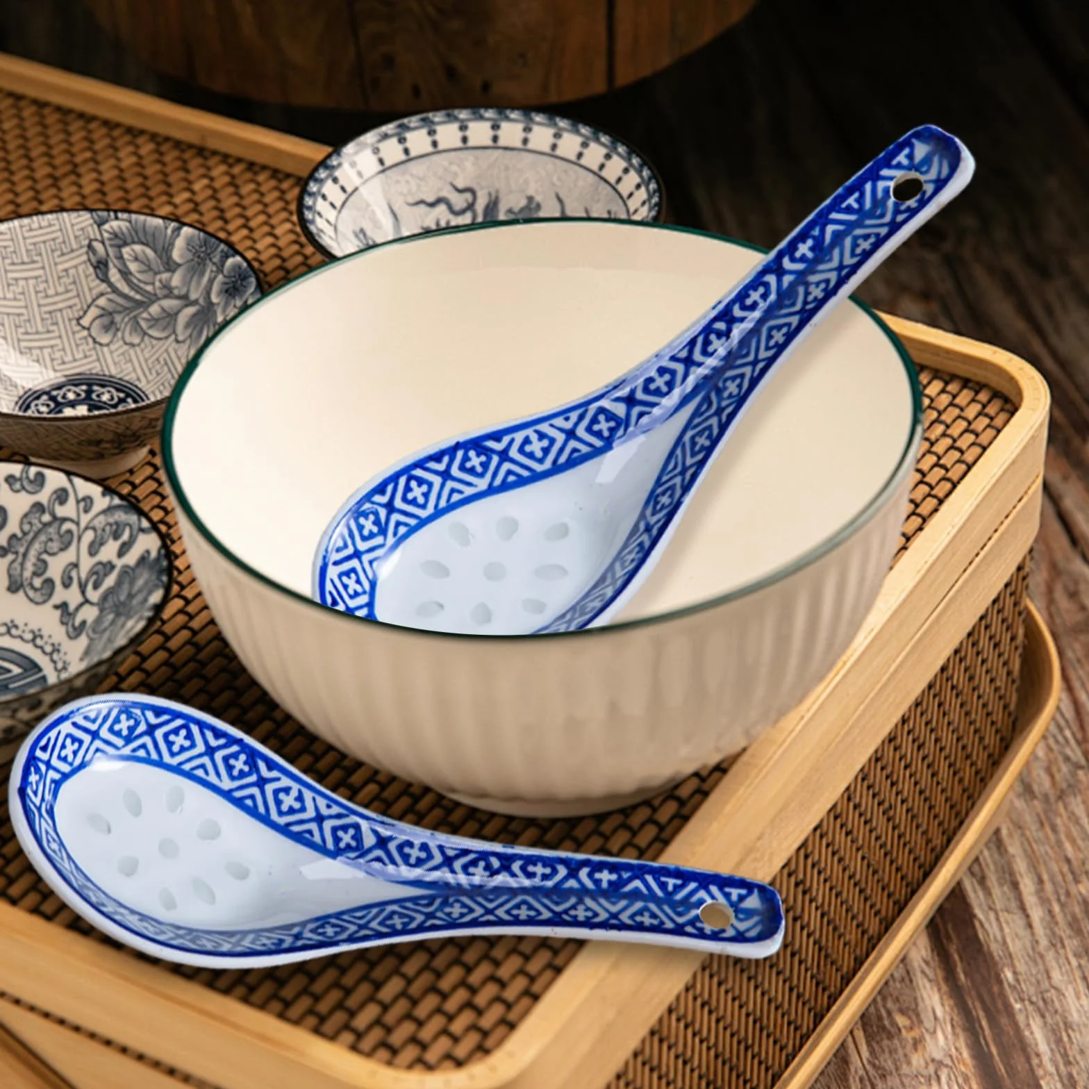 6 szt. Ceramiczne azjatyckie łyżki do zupy, porcelanowe chińskie japońskie łyżki, ceramiczne łyżki ryżowe lub zupa, pierogi, wonton, płatki śniadaniowe