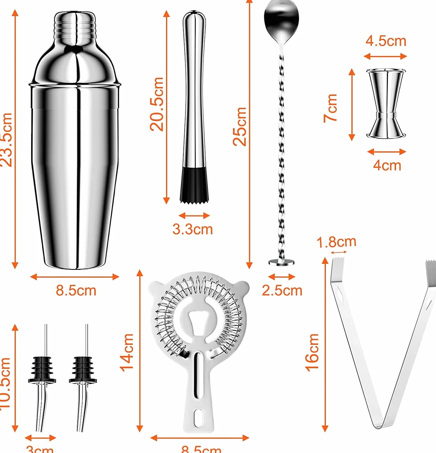 Gvolatee Zestaw koktajlowy 750 ml, 8 elementów ze stali nierdzewnej Shaker Mixer, profesjonalne akcesoria barmańskie, z Shakerem, podwójną miarką, łyżką, nalewakiem, do domu, mieszania drinków, baru, na imprezy (srebrny)