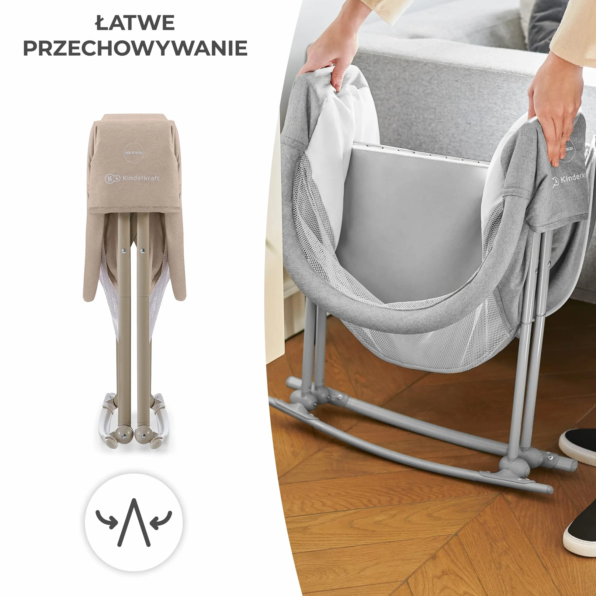 Kinderkraft Łóżeczko dziecięce 3w1 LOVI, Łóżko turystyczne, Kołyska, Proste składanie, Pałąc z zestawem zabawek i moskitera w zestawie, Regulowana budka, Torba ułatwiająca transport, Beżowy
