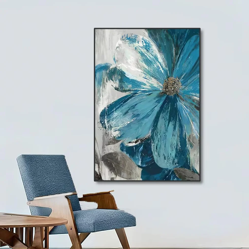 DFZEWKI Kwitnące życie botaniczny nadruk sztuka ścienna obrazy na płótnie vintage niebieska farba kwiaty plakaty ścienne dekoracja salonu (70 x 100 cm (26 x 39 cali) x 3)