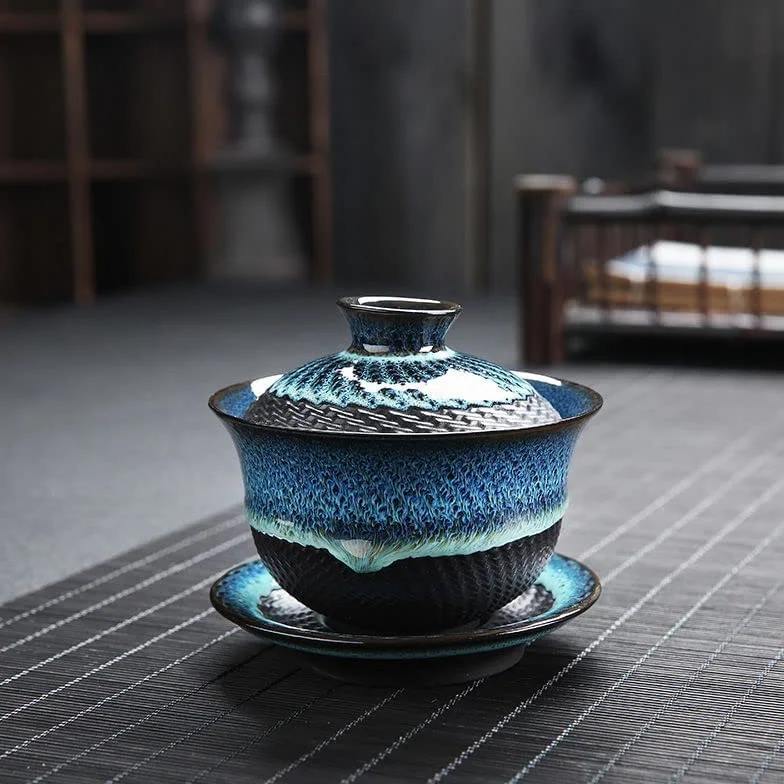 Gaiwan ceramiczny glazurowany w piecu, filiżanka porcelanowa kungfu, chińska filiżanka retro, Sancai Gaiwan ze spodkiem z pokrywką
