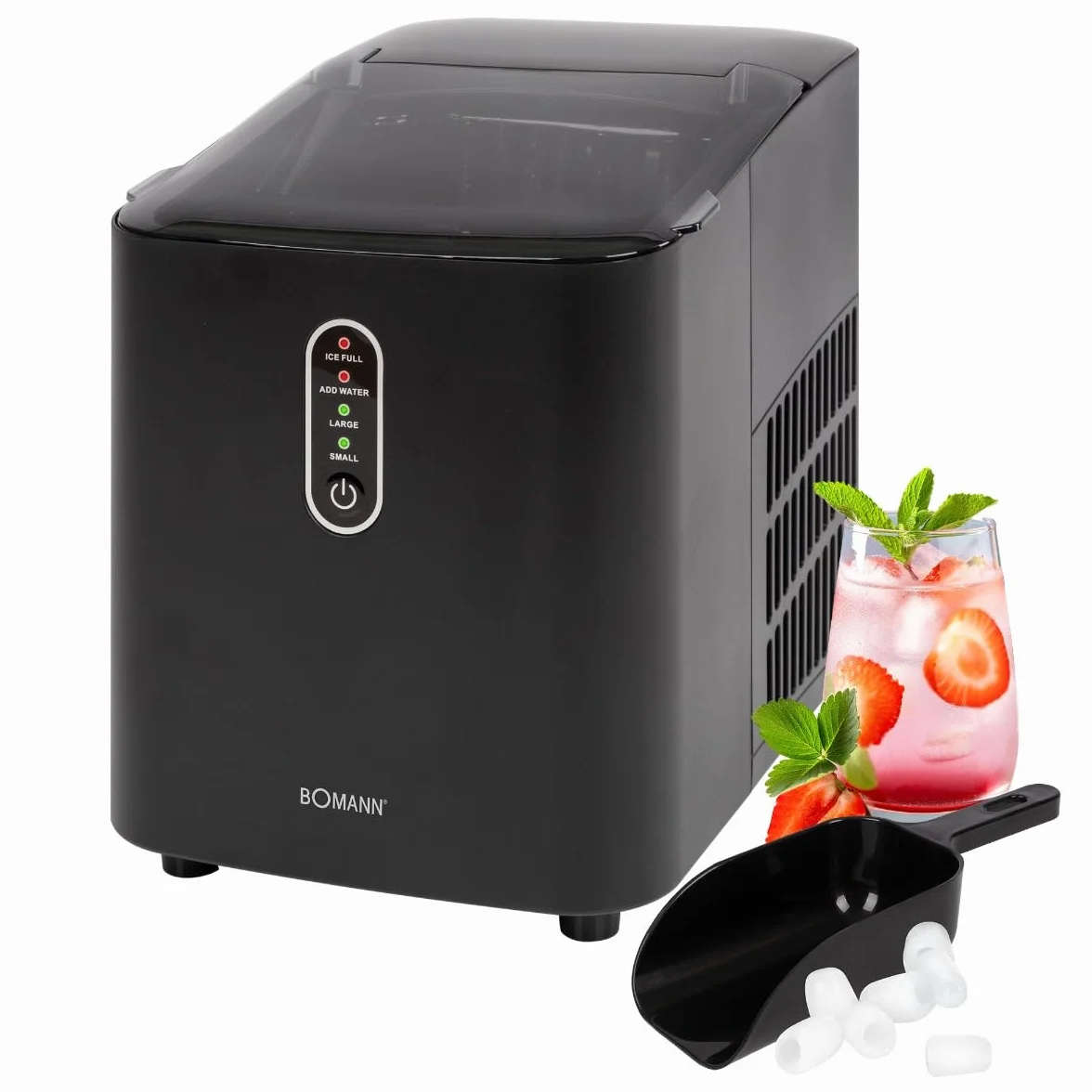 Bomann® Kostkarka do lodu szybka produkcja – kostki lodu w 10 minut | do 10 kg lodu w ciągu 24 godzin | maszyna do kostek lodu o 2 rozmiarach i zbiornik na wodę 1,1 l | w zestawie szufla do lodu | EWB
