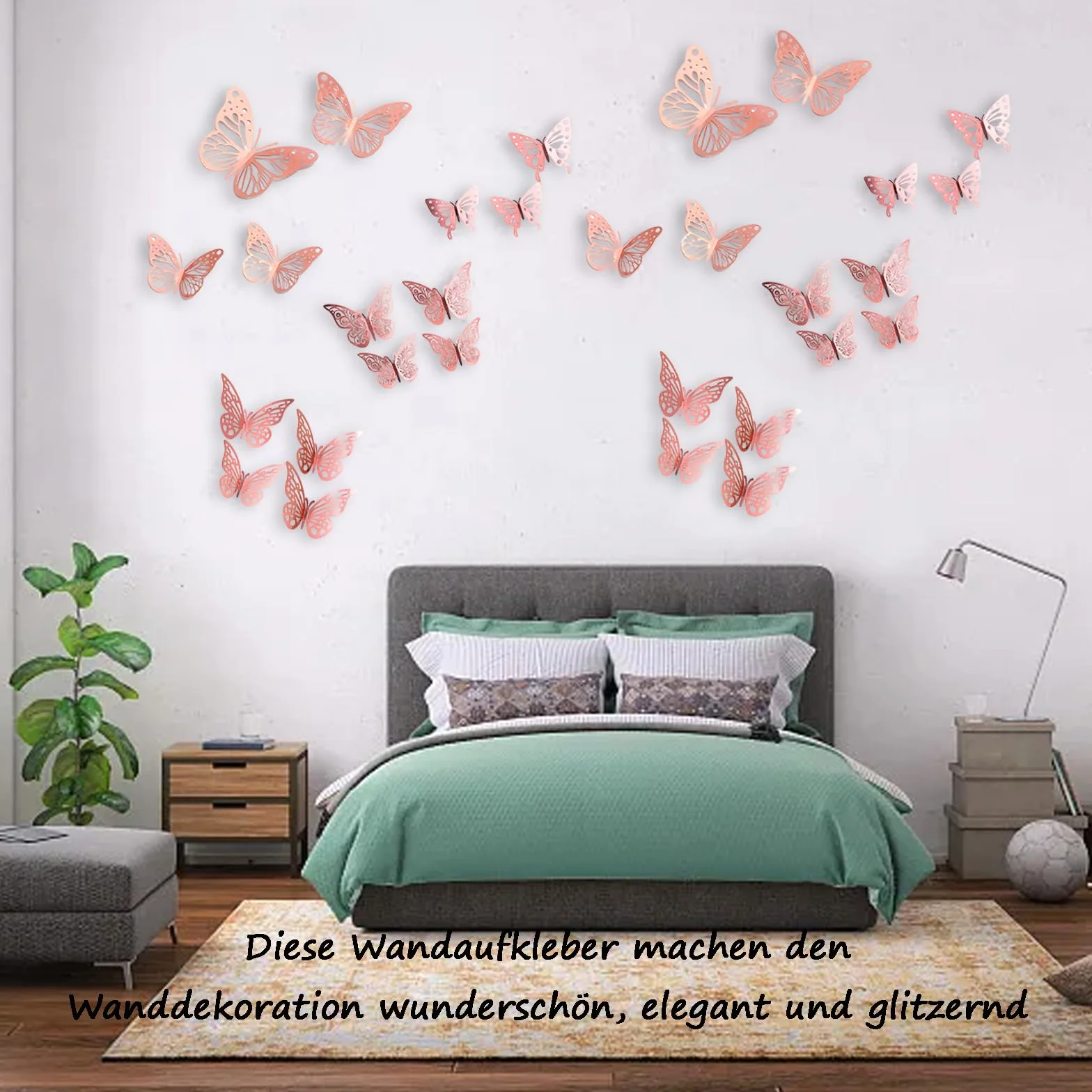 48 sztuk dekoracyjnych motyli 3D, 4 rodzaje dekoracji, motyle dekoracyjne do pokoju dziecięcego, na wesele, do łazienki, na imprezę (różowe złoto)