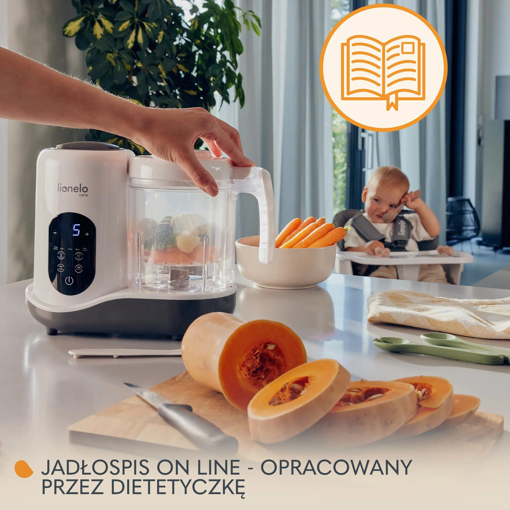 LIONELO BABYMENU Wielofunkcyjny Robot Kuchenny do Przyrządzania Posiłku dla Niemowląt 300 4 Programy Gotowanie na Parze, Blendowanie Podgrzewanie Rozmrażanie, Przepisy on-line