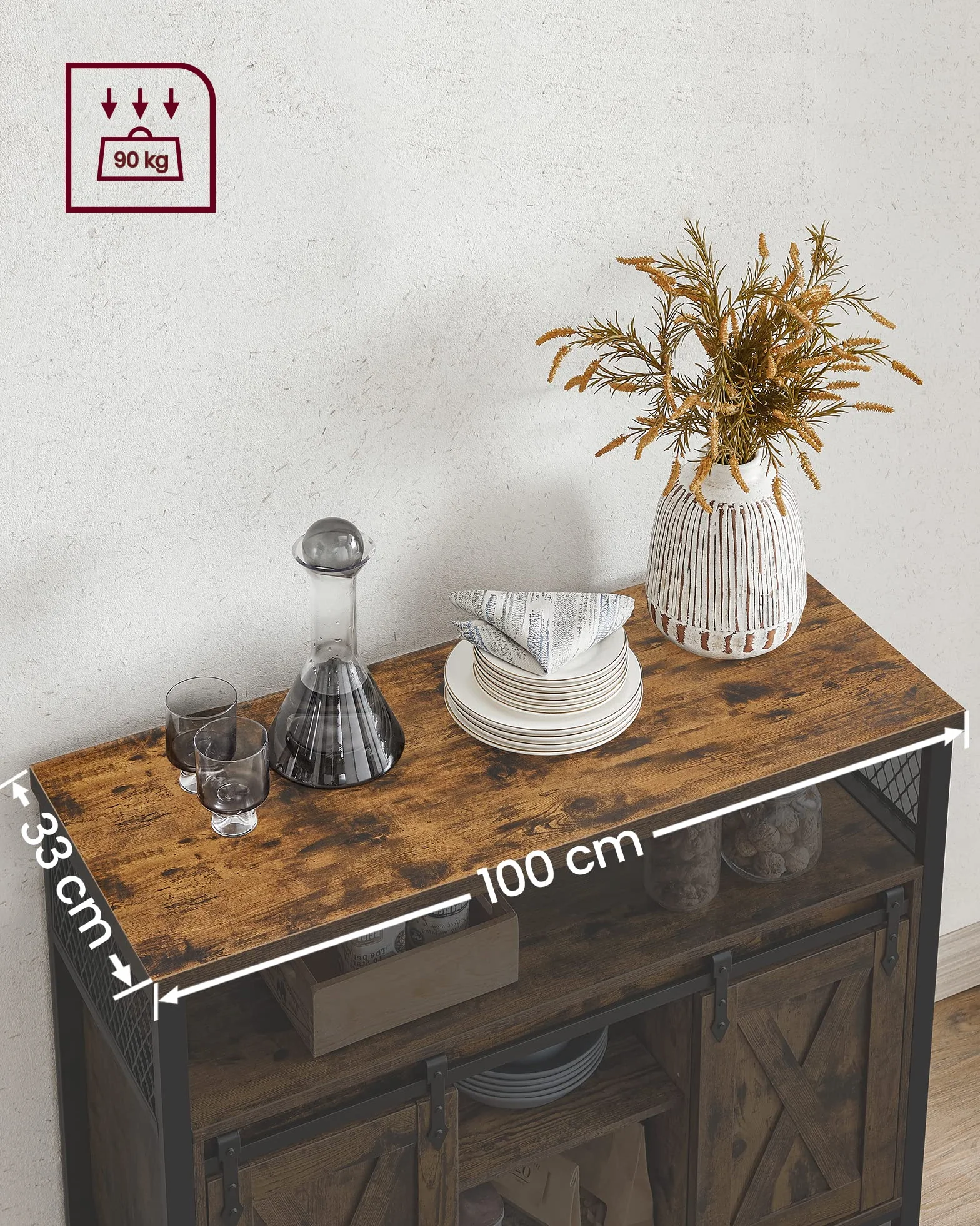 VASAGLE Kredens, szafka kuchenna, szafka do przechowywania, z 2 drzwiami przesuwnymi, 33 x 100 x 80 cm, regulowane półki, do salonu, rustykalny brązowy i czarny atrament LSC092B01