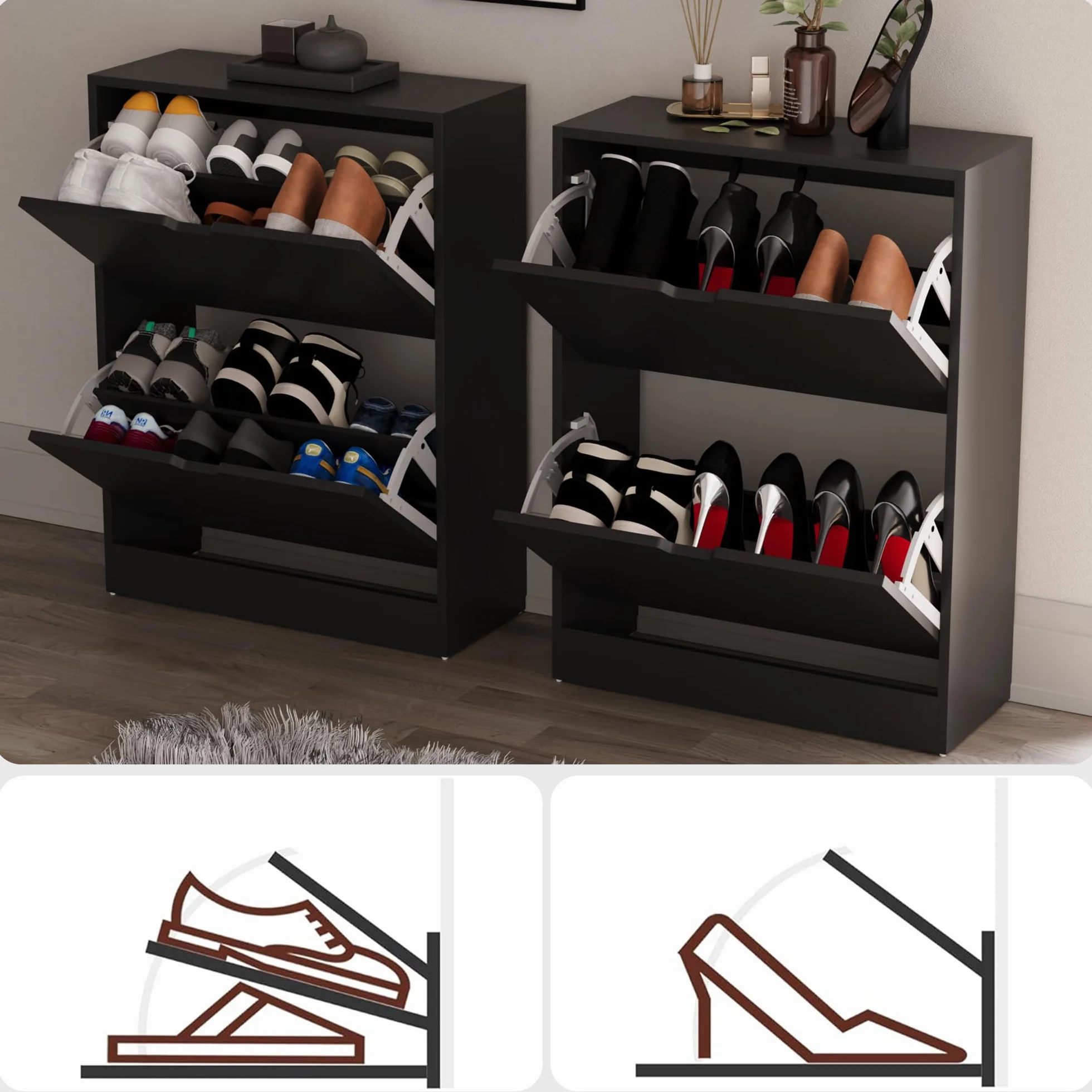 Vida Designs Szafka na buty z 2 szufladami z klapką, czarna, FSC