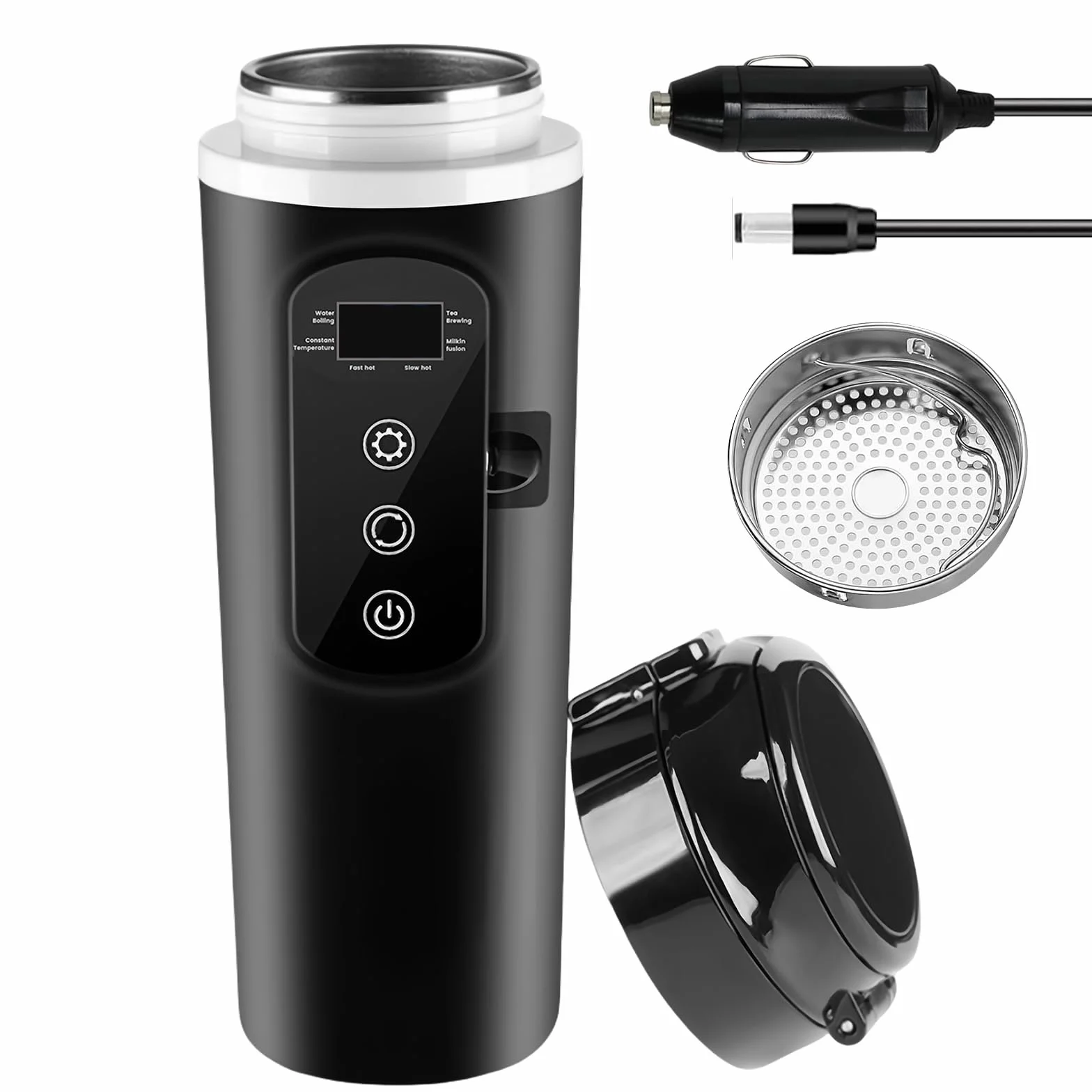 Czajnik elektryczny do samochodu, 500 ml, przenośny czajnik samochodowy 12 V, 24 V, z regulacją temperatury i wyświetlaczem LCD, do samochodów ciężarowych, na kemping, do podróży, do herbaty, kawy