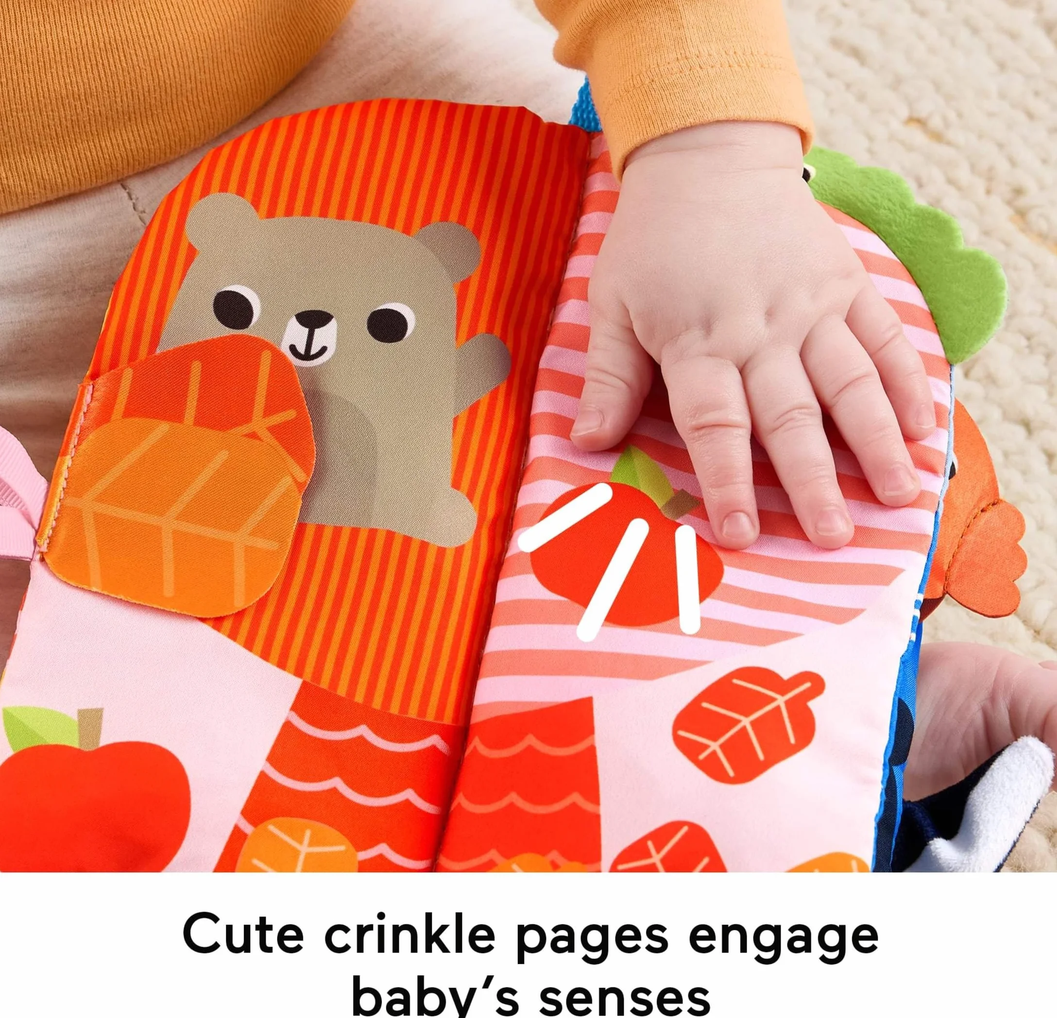 Fisher-Price Miękka książeczka sensoryczna – Pory roku, 4 strony, zabawa na brzuszku/na siedząco, aktywizująca zabawka sensoryczna dla noworodków i niemowląt, JKP53
