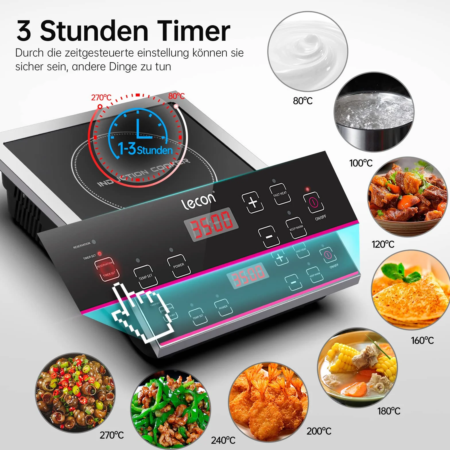 Lecon płyta indukcyjna, 3500 W, z timerem włączania/wyłączania i funkcją izolacji, duża nośność 50 kg, obudowa ze stali nierdzewnej, regulacja temperatury, płyta grzewcza