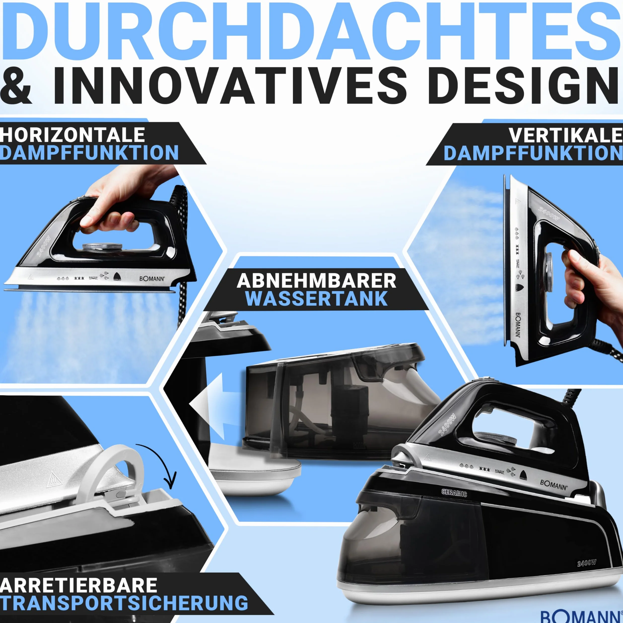 Bomann, DBS6034CB, czarny generator pary z ceramiczną płytką soleplate, poziomą i pionową funkcją parową