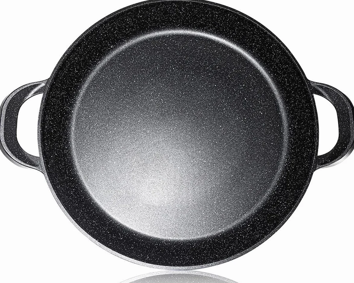Patelnia Paella – niemiecka powłoka nieprzywierająca GREBLON powłoka marmurowa – 36 cm – do indukcji i wszystkich rodzajów ciepła – ze zdejmowanymi silikonowymi uchwytami.