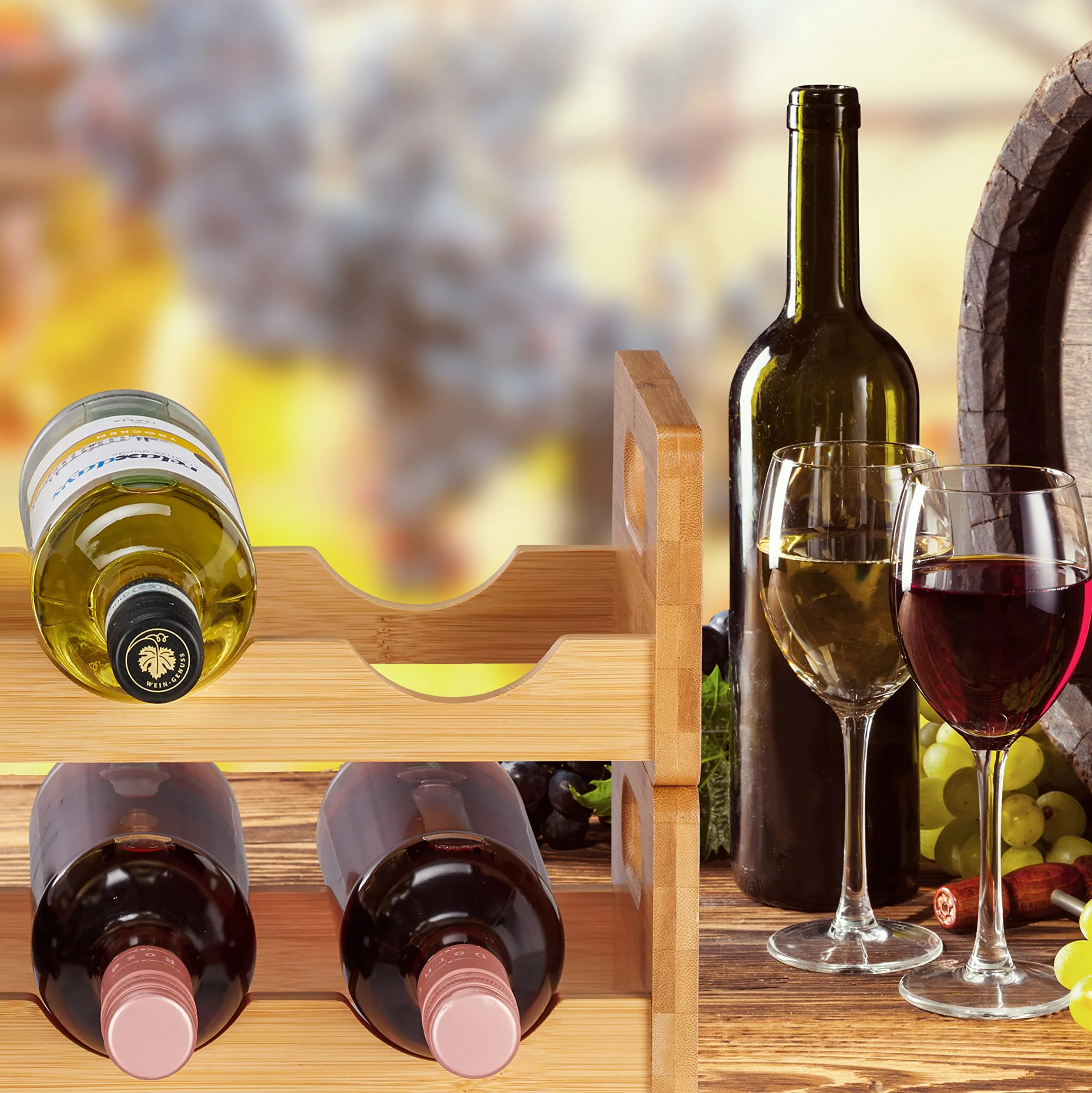 Relaxdays Regał na wino, oszczędzający miejsce półka na 8 butelek, poprzeczny, regał na butelki z bambusa, wys. x szer. x gł.: 24 x 47 x 18 cm, kolor naturalny