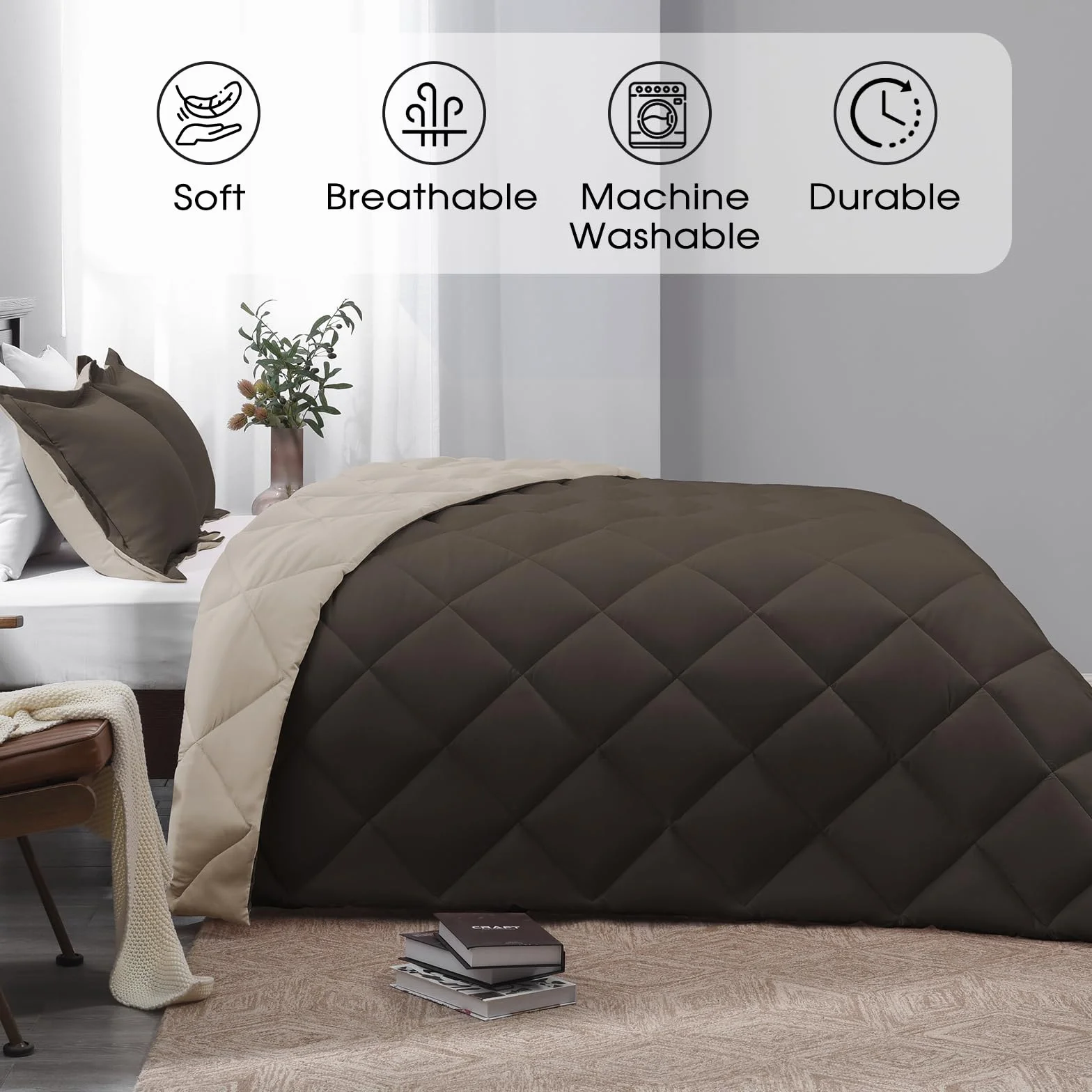 Basic Beyond Zestaw pościeli w rozmiarze queen, dwustronny zestaw pościeli na wszystkie pory roku, 1 kołdra (224 x 234 cm) i 2 poszewki na poduszki (51 x 66 cm + 5 cm), brązowy/kość słoniowa