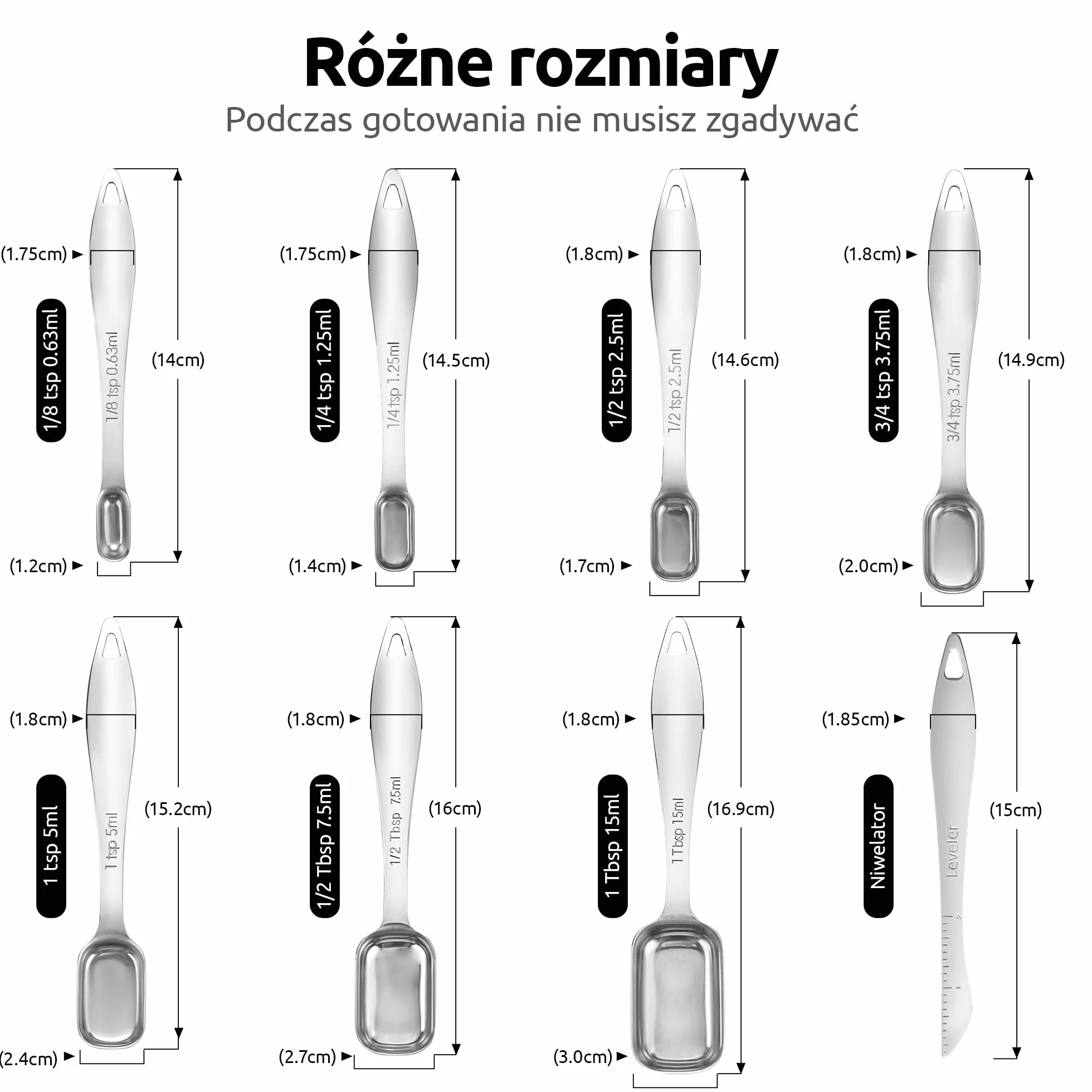 U-Taste Łyżki pomiarowe ze stali nierdzewnej 18/8, kwadratowa miarka łyżeczka łyżka stołowa z niwelatorami