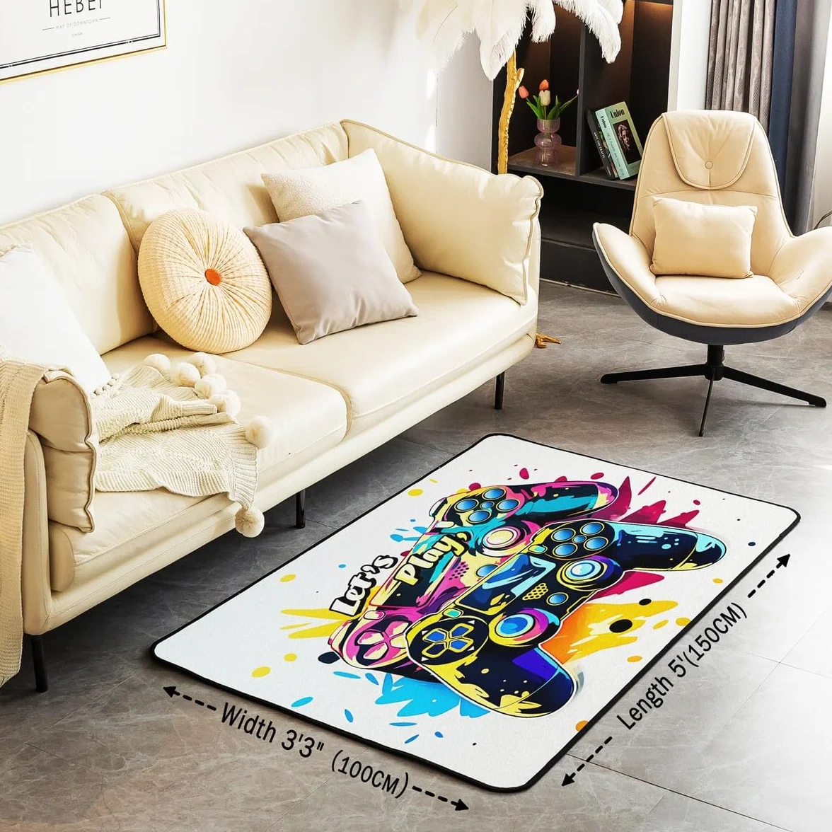 Loussiesd Dywan do salonu dla graczy, 100 x 150 cm, gamingowy dywan akcentujący dla chłopców, dziewcząt, nastolatków, nowoczesny kontroler konsoli do gier, mata podłogowa, joystick, surowa biel,