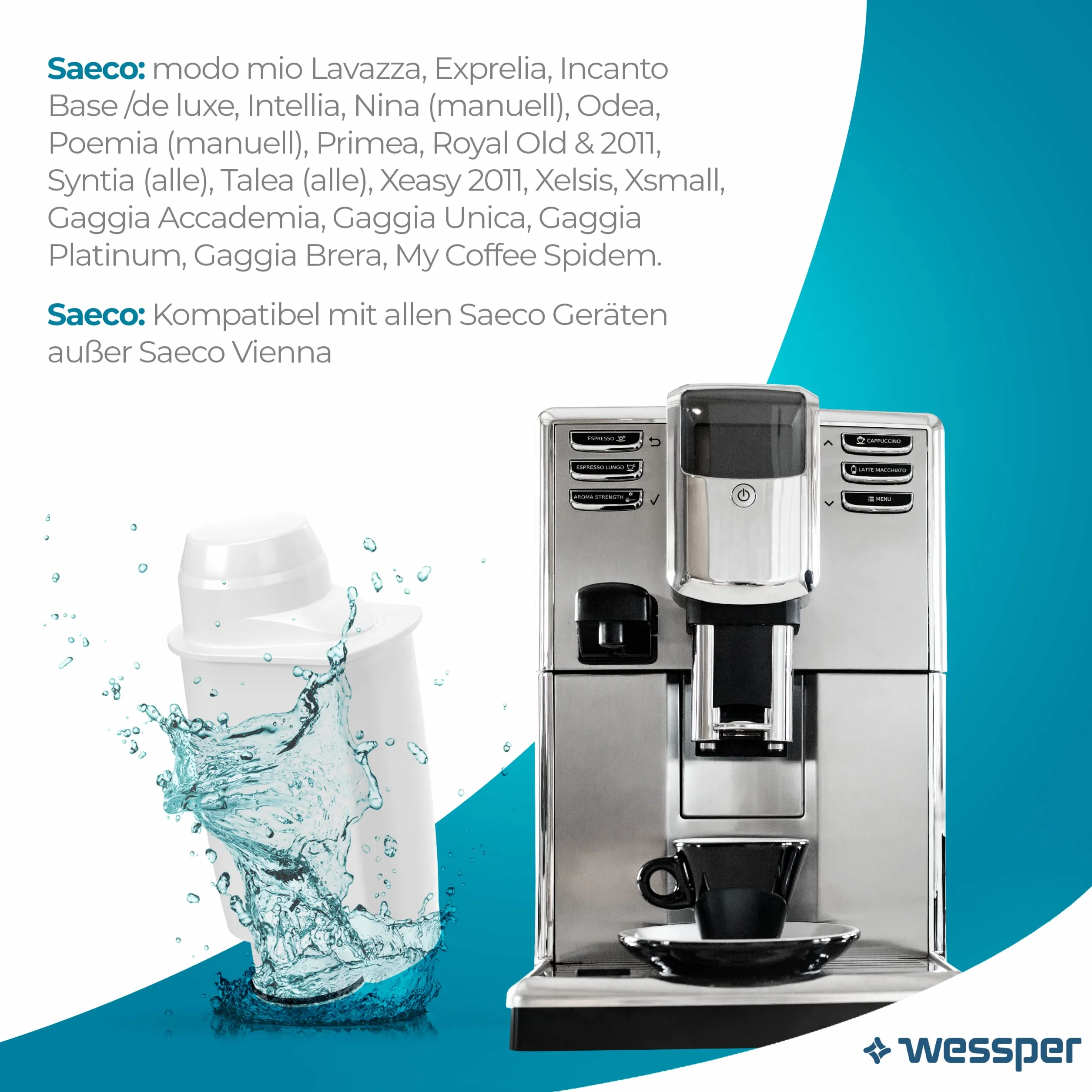 Wessper AQUAINTENSE+ filtr do wody do ekspresów do kawy, zamiennik do Saeco CA6702/00, Brita Intenza+, Philips, pasuje do ekspresów do espresso 6 sztuk