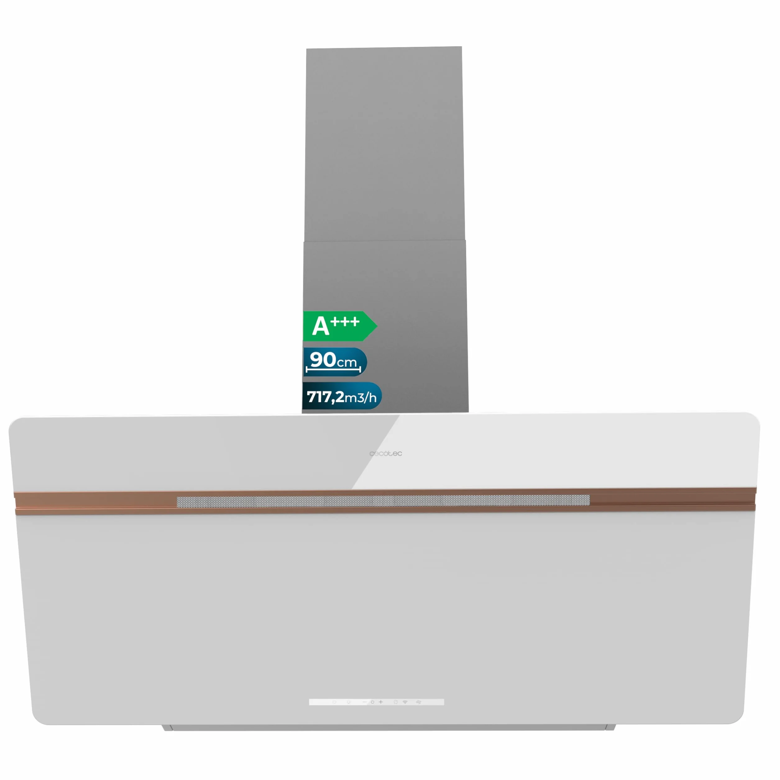 Cecotec Okap dekoracyjny 90 cm Bolero Flux DT 907500 Matt White A+++. Matowe i błyszczące szkło z miedzianymi detalami, ssanie 717,2 m³/h, funkcja wzmacniacza, filtry aluminiowe, klasa A+++