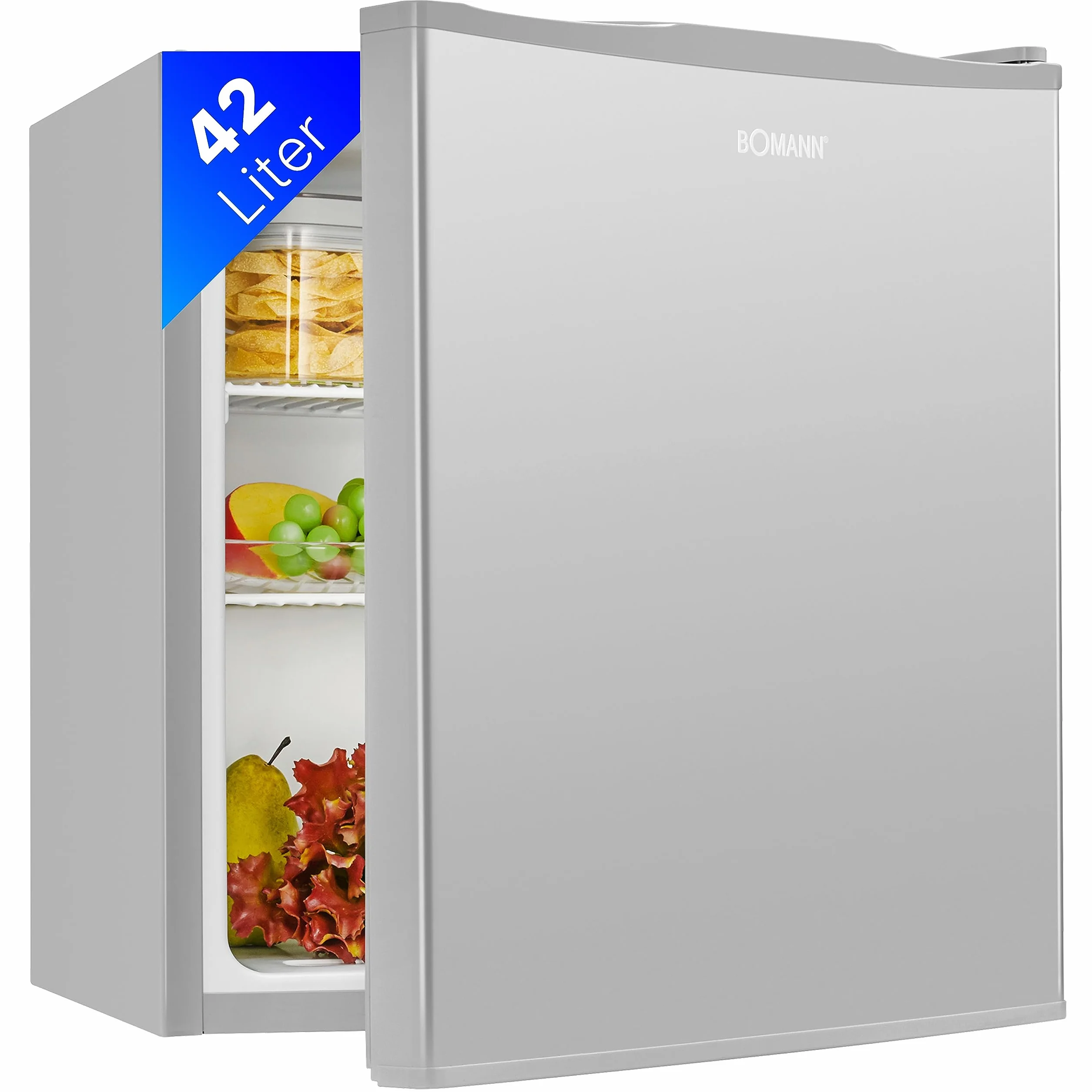 Bomann® Mini lodówka 42 l | mała lodówka na napoje, do biura, na kemping i do gier, cicha, 39 dB, minibar z wymiennym ogranicznikiem drzwiowym, 51 x 45 x 45 cm, KB 7346 inox
