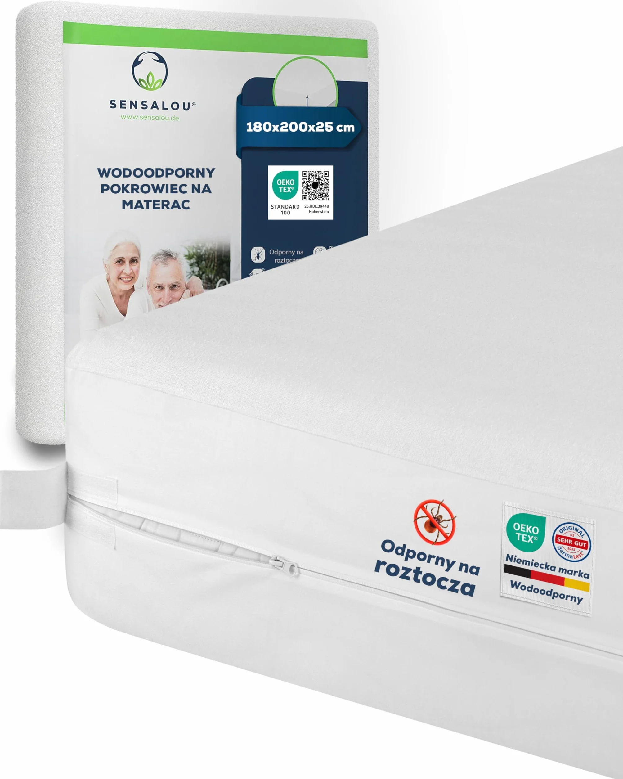 Sensalou Pokrowiec na Materac Wodoodporny i Antyalergiczny przeciw Roztoczom i Pluskwom, Ochraniacz Materaca dla Alergików, Miękka Frotte z Zamkiem (180 x 200 cm, 25 cm)