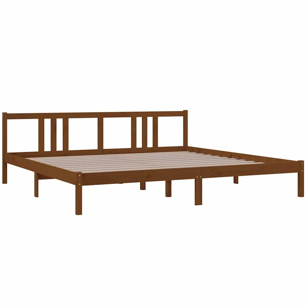 lite drewno sosnowe nowoczesny wystrój sypialni 200x200 cm brąz | Rama łóżka sosnowa miodowy brąz 200x200 cm z zagłówkiem lite drewno do sypialni