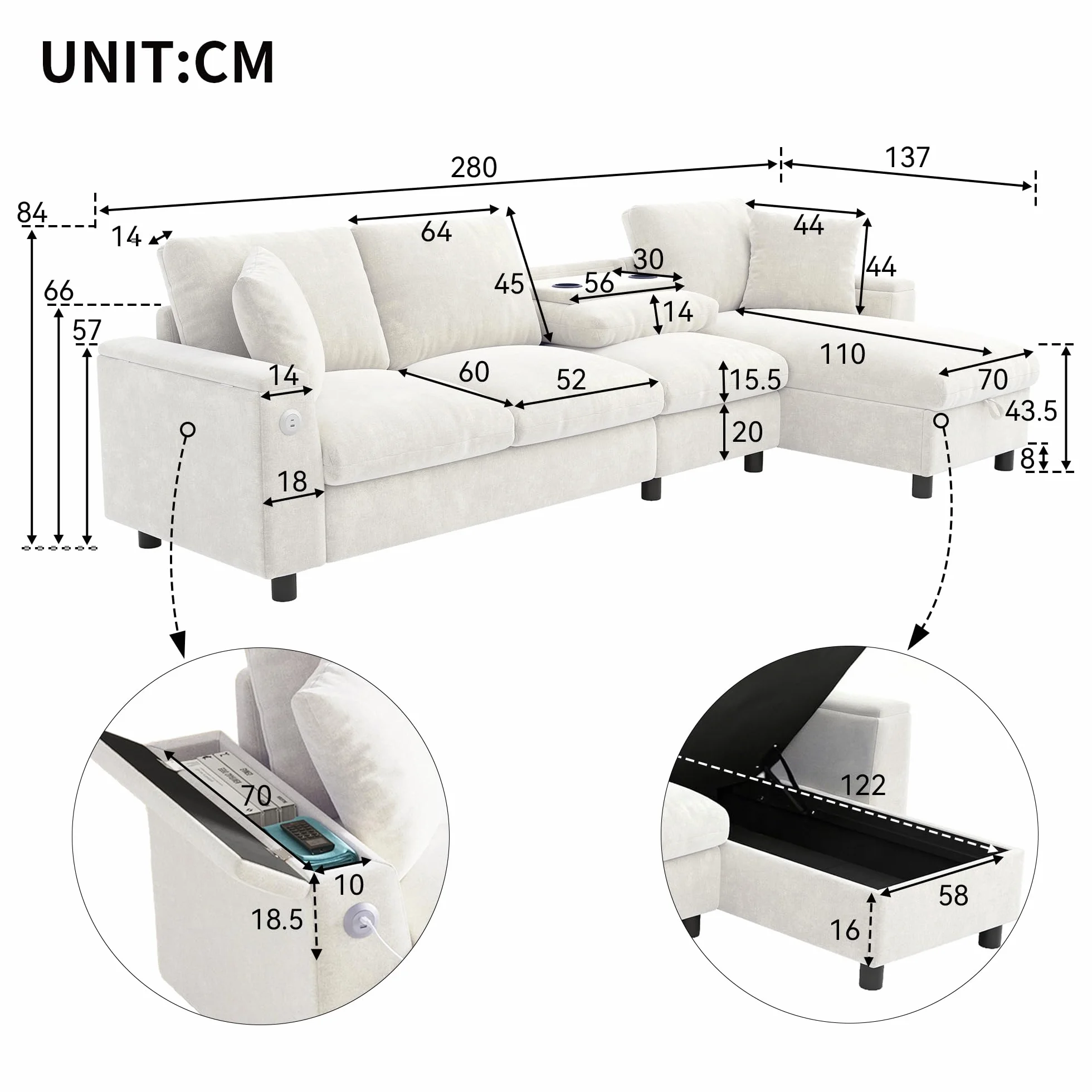 Sofa narożna szenilowa L z miejscem do przechowywania, stolik kawowy USB-C, beżowa