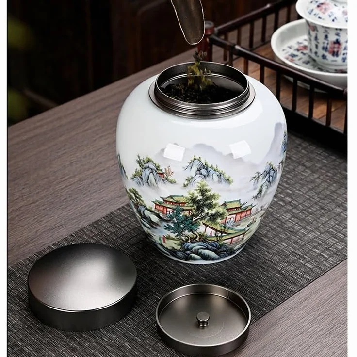 Dzbanek na herbatę Duże ceramiczne puszki do herbaty, domowe puszki do przechowywania, herbata Pu'er, czarna herbata, zielona herbata, szczelne puszki, blaszane pokrywki, puszki na herbatę Longjing
