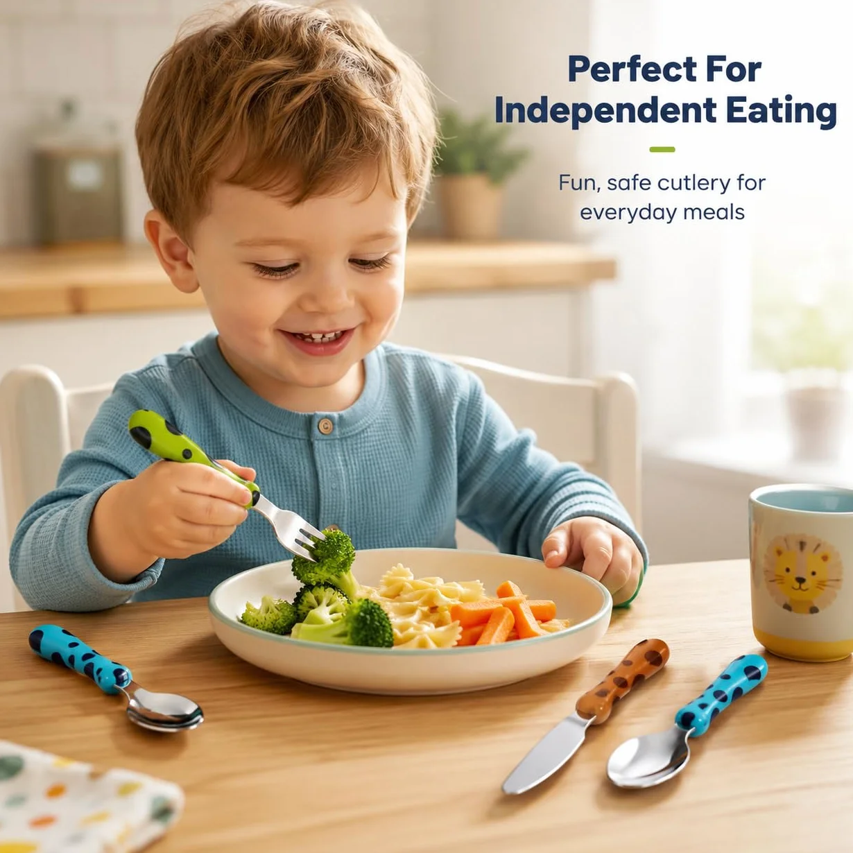 EXZACT dzieci sztućce 6 szt stal nierdzewna dzieci żyrafa 24M+ | do zmywarki BPA bez uchwyty łatwy chwyt Toddlers codzienny posiłki pokój dziecięcy Utensil sztućce łyżki widelce noże