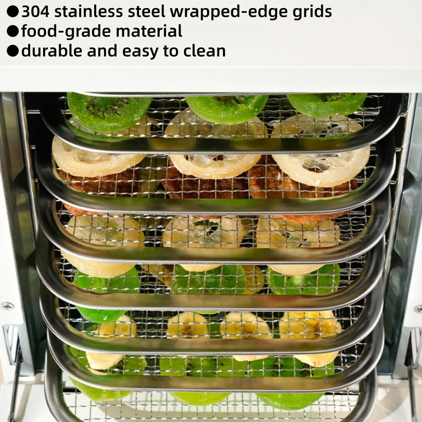 Suszarka do żywności 250W, 30℃-90℃ z podwójnym pokrętłem do suszenia owoców | Suszarka z siatki ze stali nierdzewnej 304, magnetyczne przezroczyste drzwi szklane, do domowych chipsów owocowych - 8 warstw