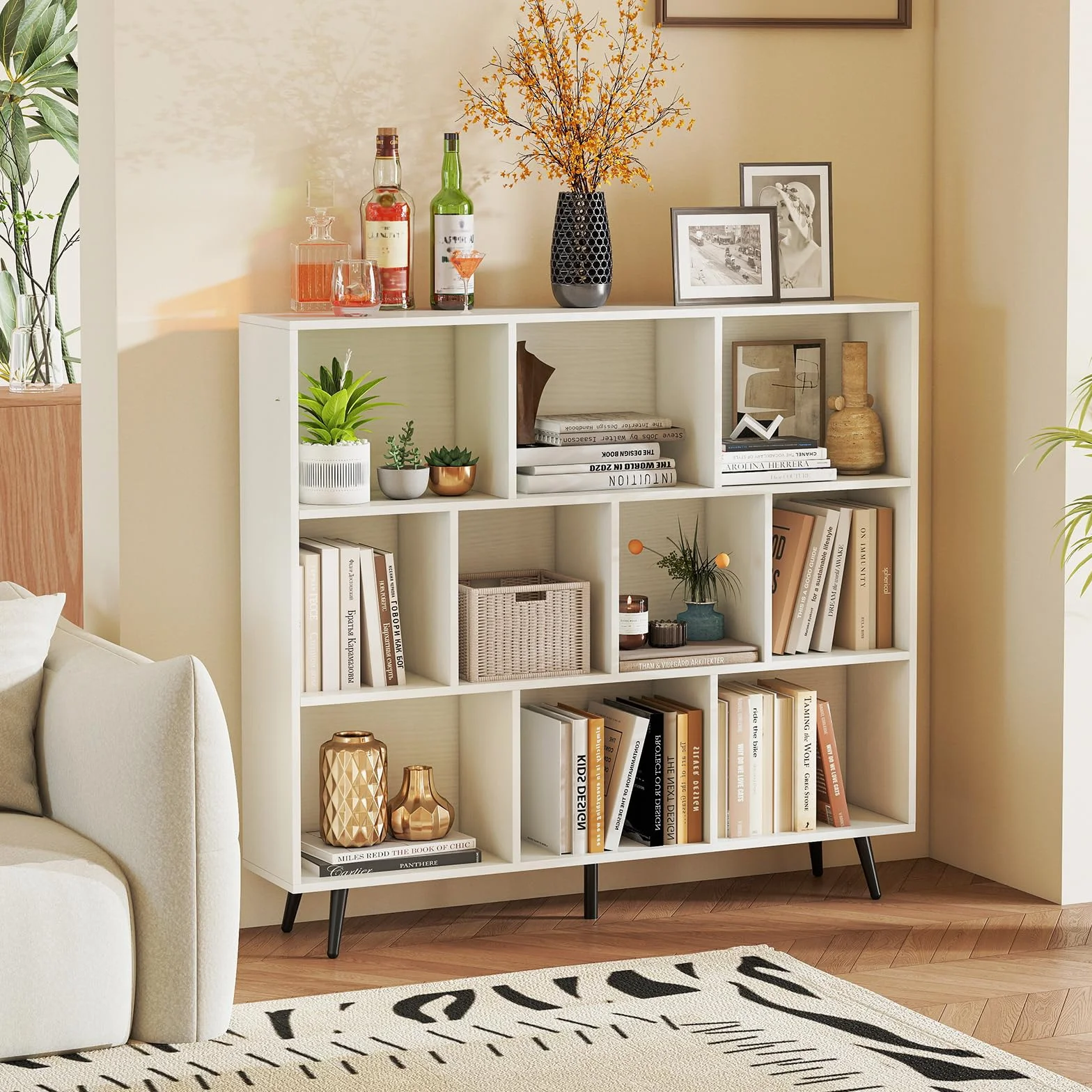 COSTWAY Regał na książki z przegródkami 3-poziomowy drewniane nogi 107 cm