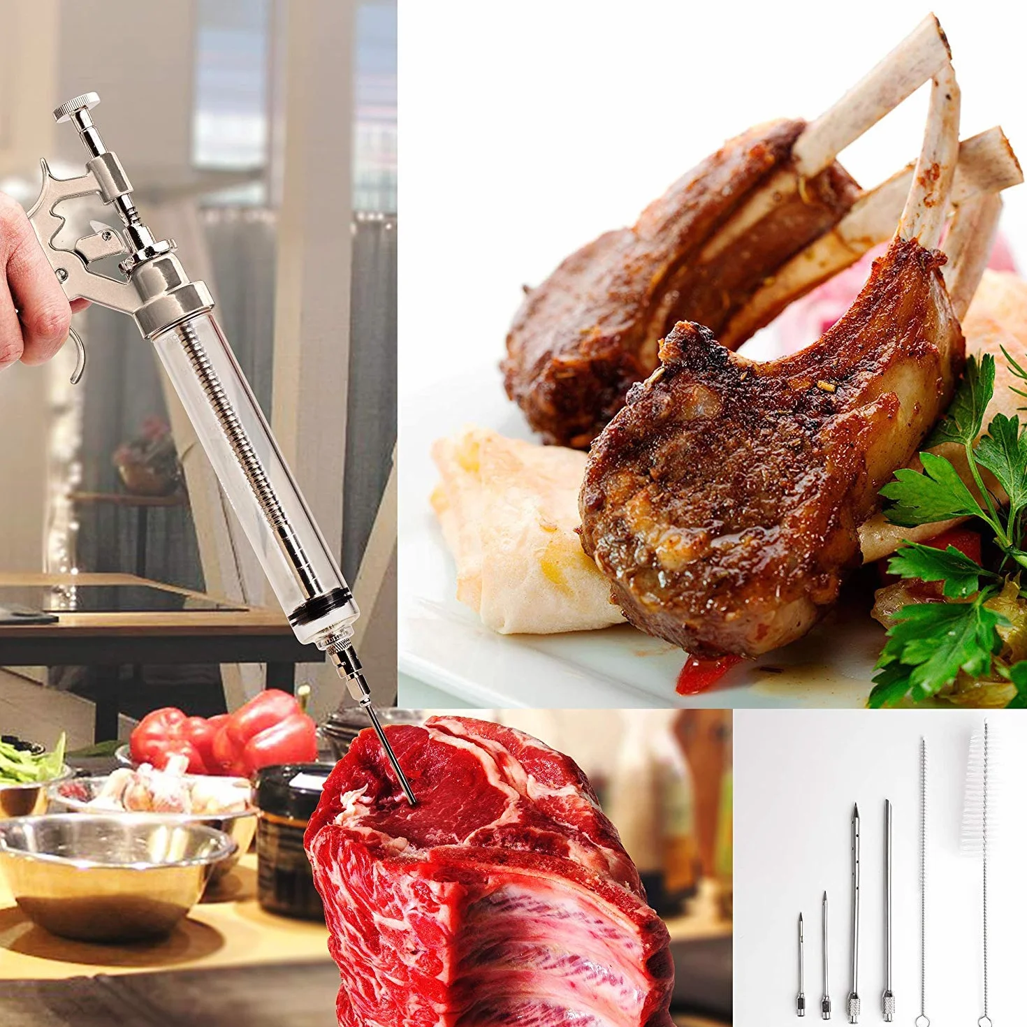 Strzykawka do mięsa ze stali nierdzewnej na zewnątrz zestaw do mięsa, marynaty, smak, wtryskiwacz do żywności, strzykawki z 3 igłami do marynaty, grill wędzarniczy, profesjonalne narzędzie do grilla BBG
