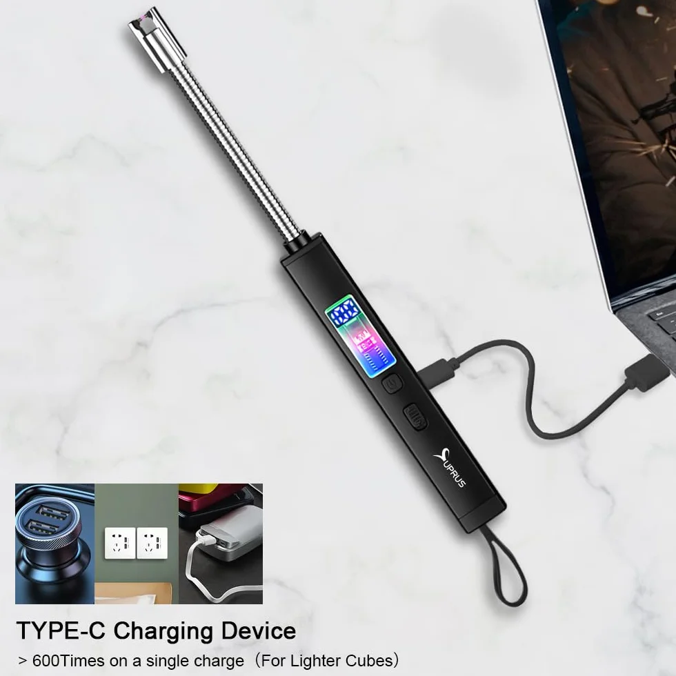 SUPRUS Elektryczna zapalniczka świecowa wiatroszczelna ładowalna USB-C z cyfrowym wyświetlaczem baterii przełącznik bezpieczeństwa oświetlenia otoczenia 360° elastyczna szyja bezpłomieniowa plazma