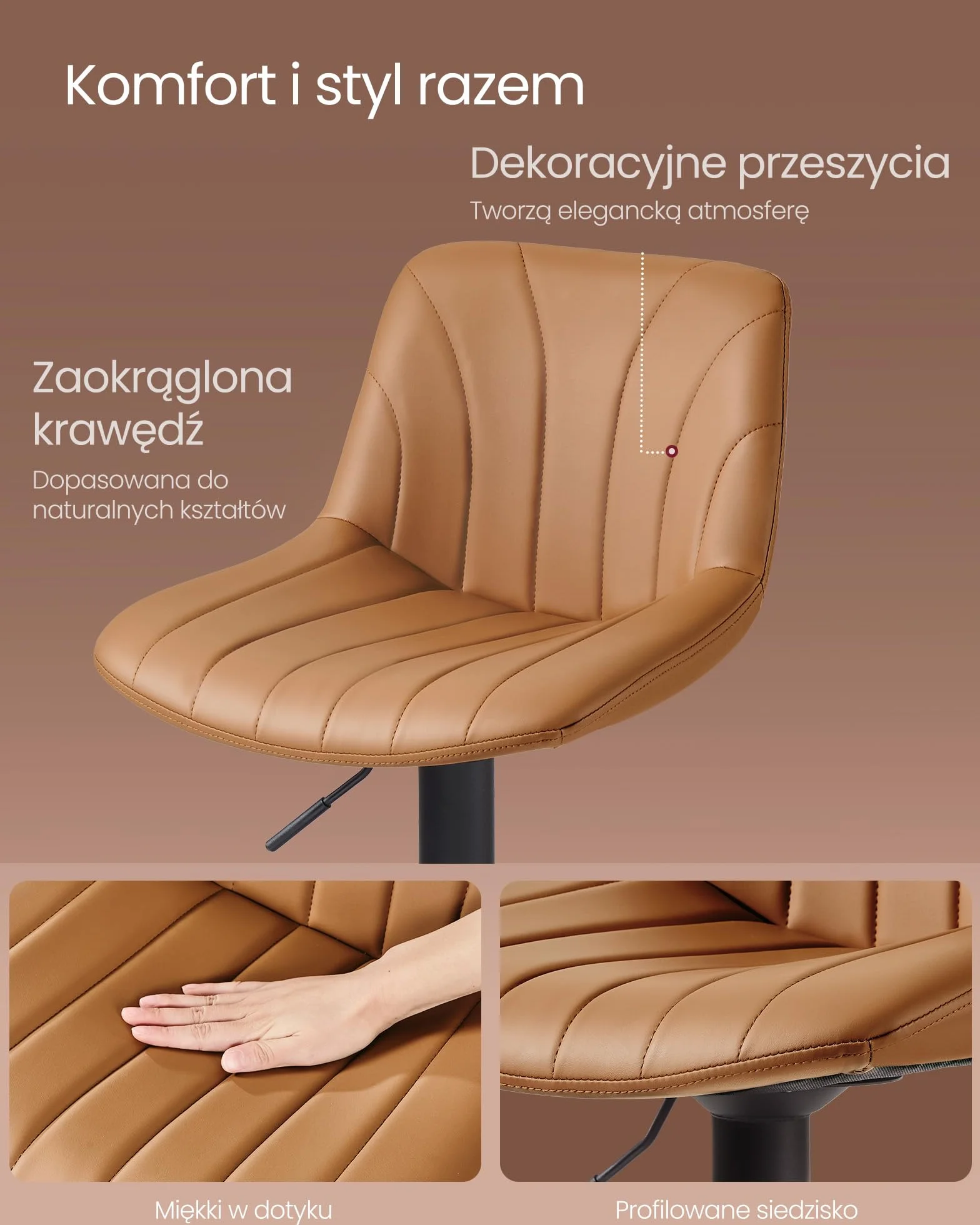 VASAGLE Zestaw 2 krzeseł barowych, krzesło barowe z oparciem, hoker kuchenny, regulowana wysokość, obrotowy 360°, do jadalni i kuchni, pokrowiec poliuretanowy, karmelowy brąz LJB181KN01